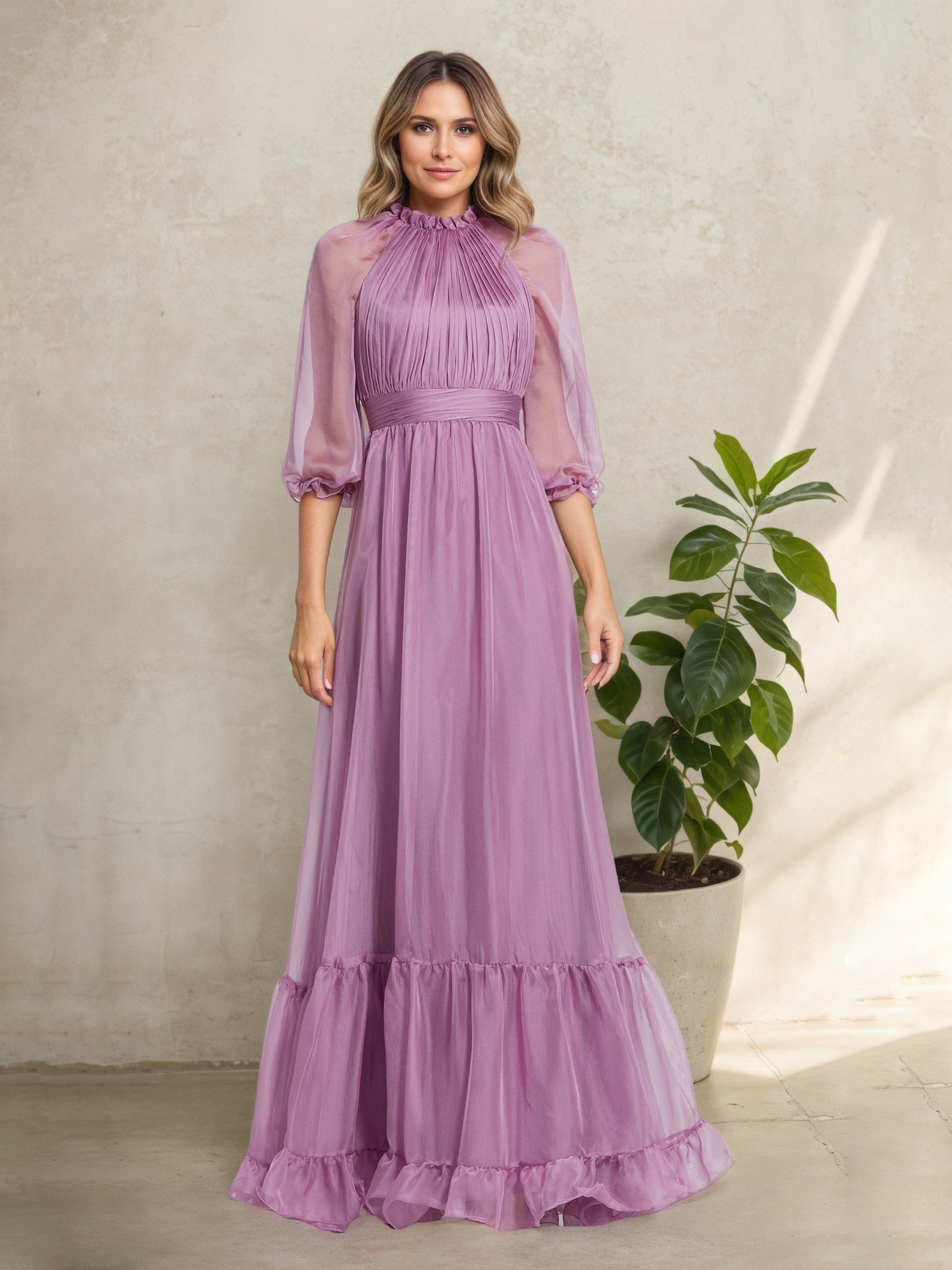 Robe Mère de la Mariée Glycine à Col Haut Illusion Manches Trois-Quarts Dentellées