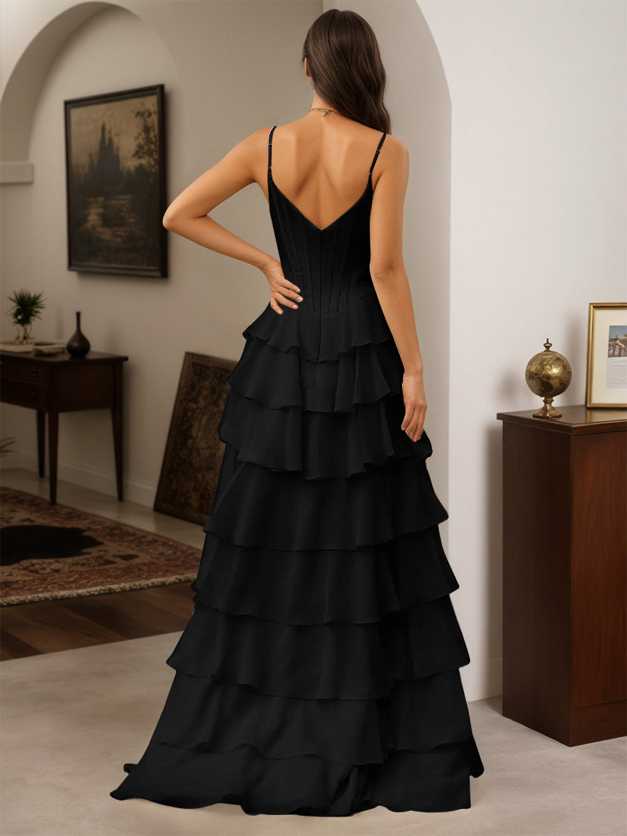 Cicinia Robe de Soirée Noir Longue A-Line à Bretelles Spaghetti Longueur Sol Fente à Volants