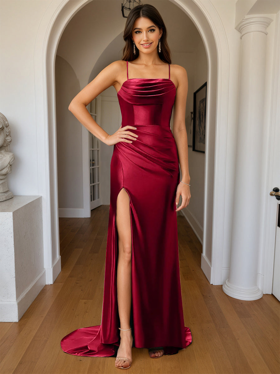 Cicinia Robe de Soirée BORDEAUX Longue Fourreau en Satin Doux à Bretelles Spaghetti Fente Dos Nud