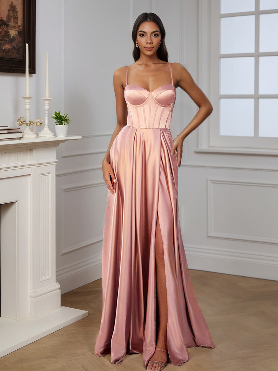 Cicinia Robe de Soirée ROSE POUDRE Longue en Satin Doux A-Line Fente Traîne Balayée