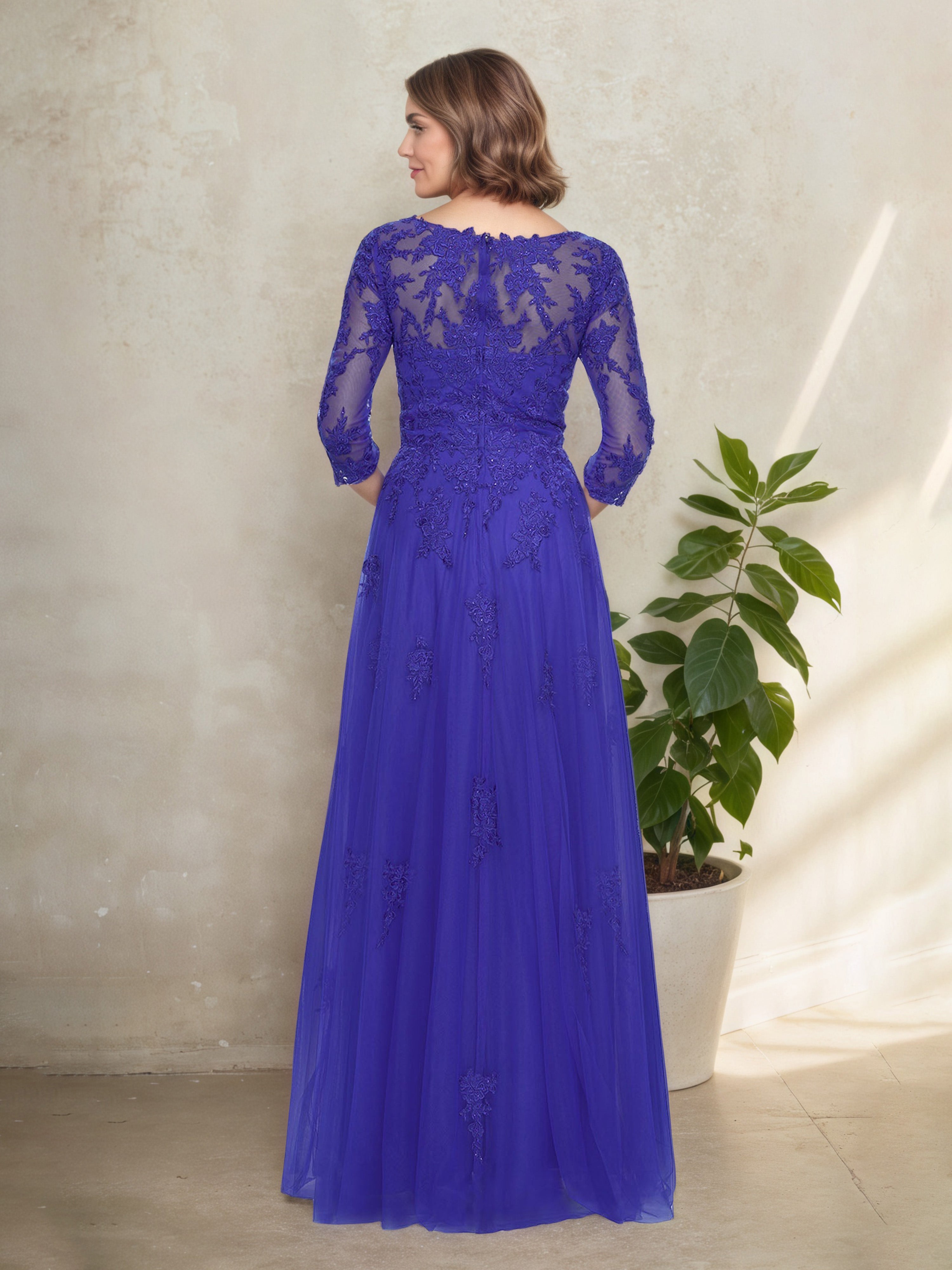 Robe Mère de la Mariée BLEU_ROYALE Col V en Dentelle Manches 3/4