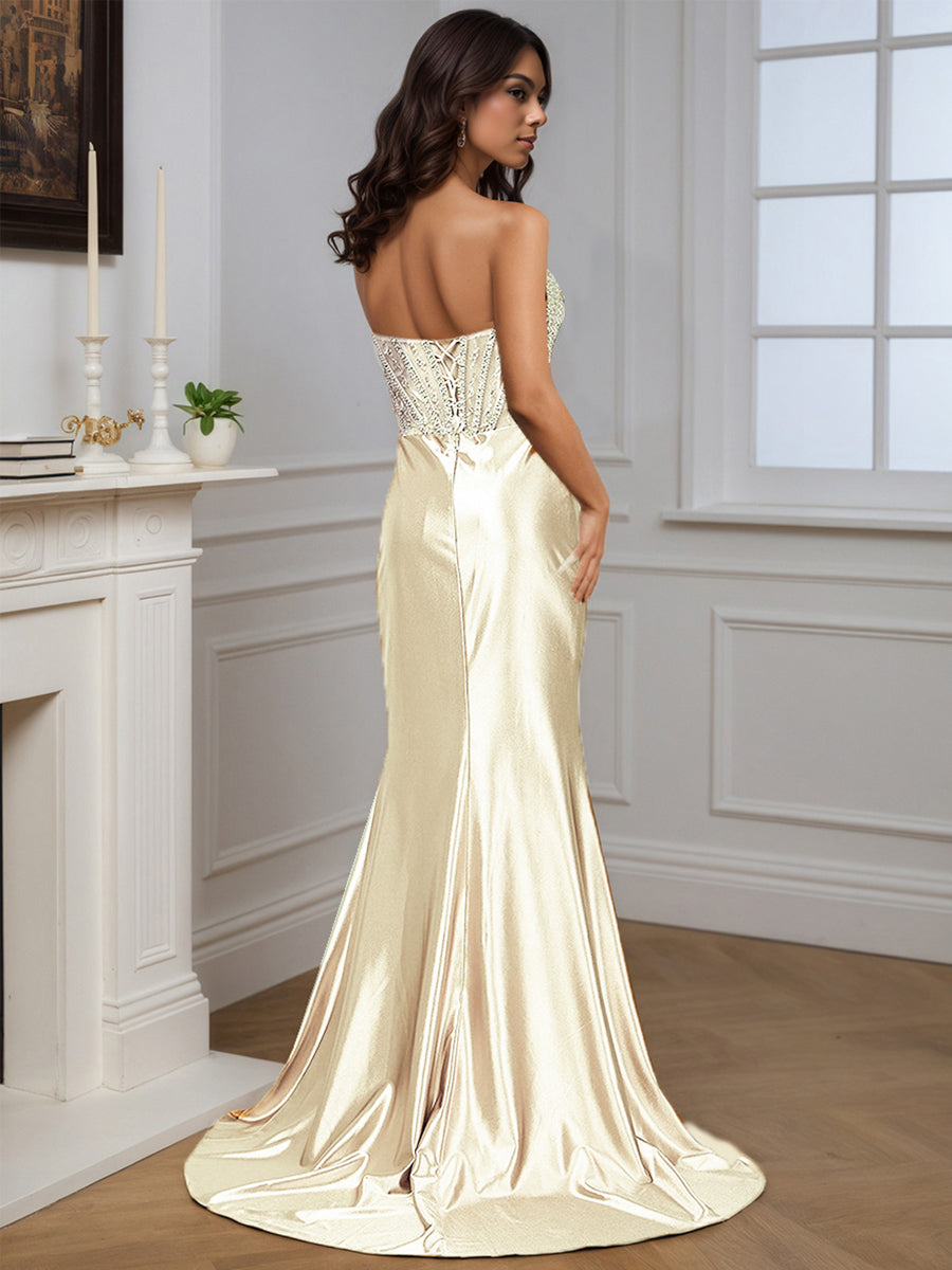 Cicinia Champagne Robe de Soirée en Satin sans Bretelles Perlé Fente Avec Traîne Balayée