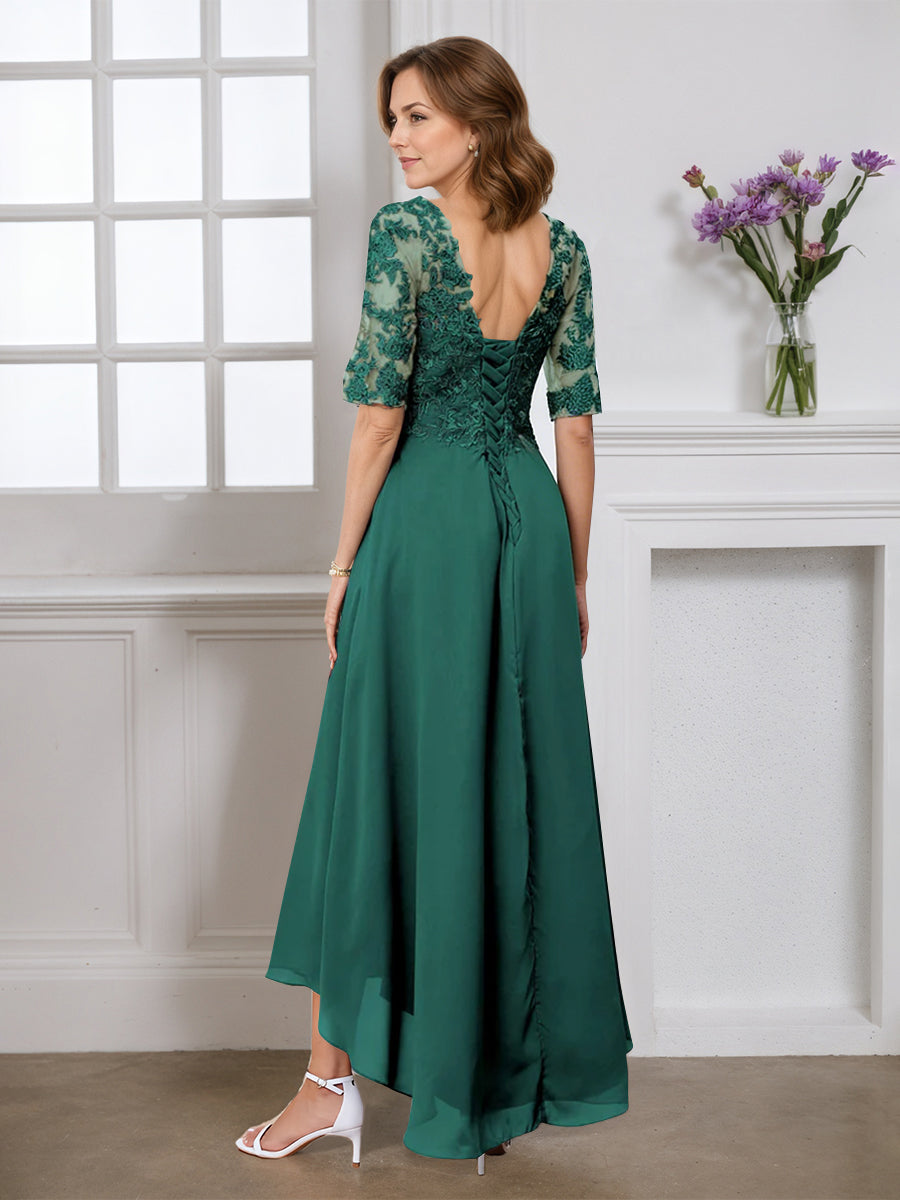 Cicinia Robe pour Mère de la Mariée VERT FONCE Longue A-Line en Mousseline Dentelle Manches Demi-longues Décolleté en V Ourlet Asymétrique