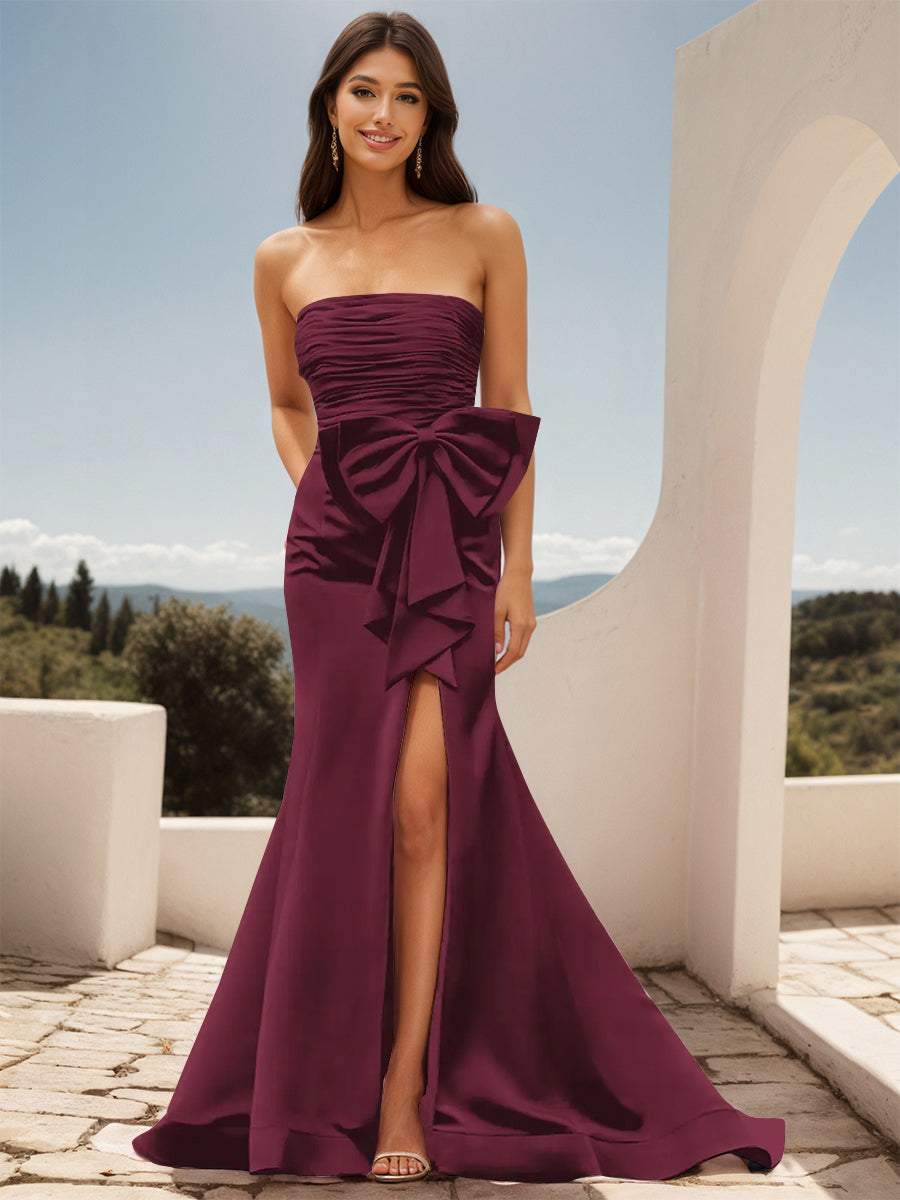Cicinia Robe de Soirée Mûre Longue en Tissu Extensible Fourreau sans Bretelles Fente avec Grand Nœud Papillon