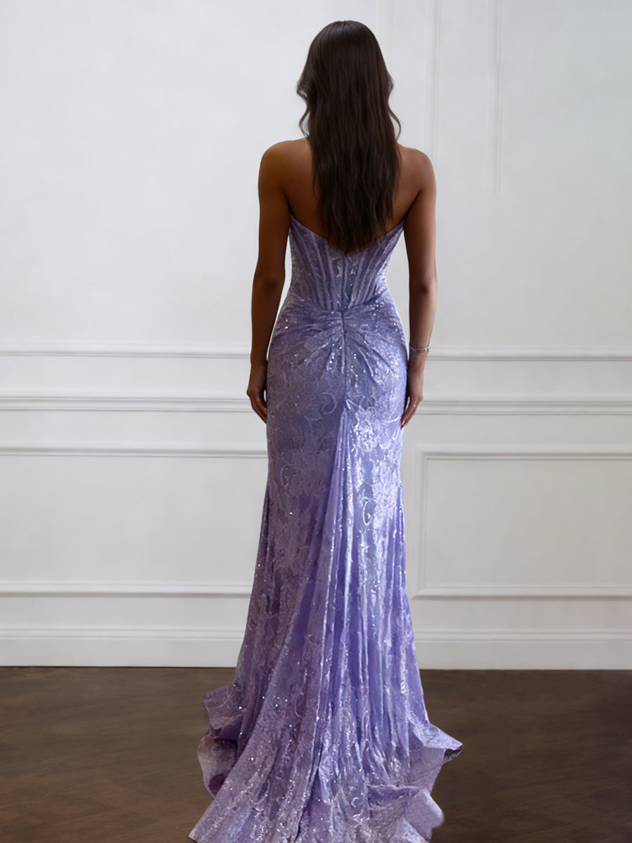 Cicinia LILAS Robe de Soirée Longue en Dentelle Fourreau sans Bretelles Traîne Balayée Élégante