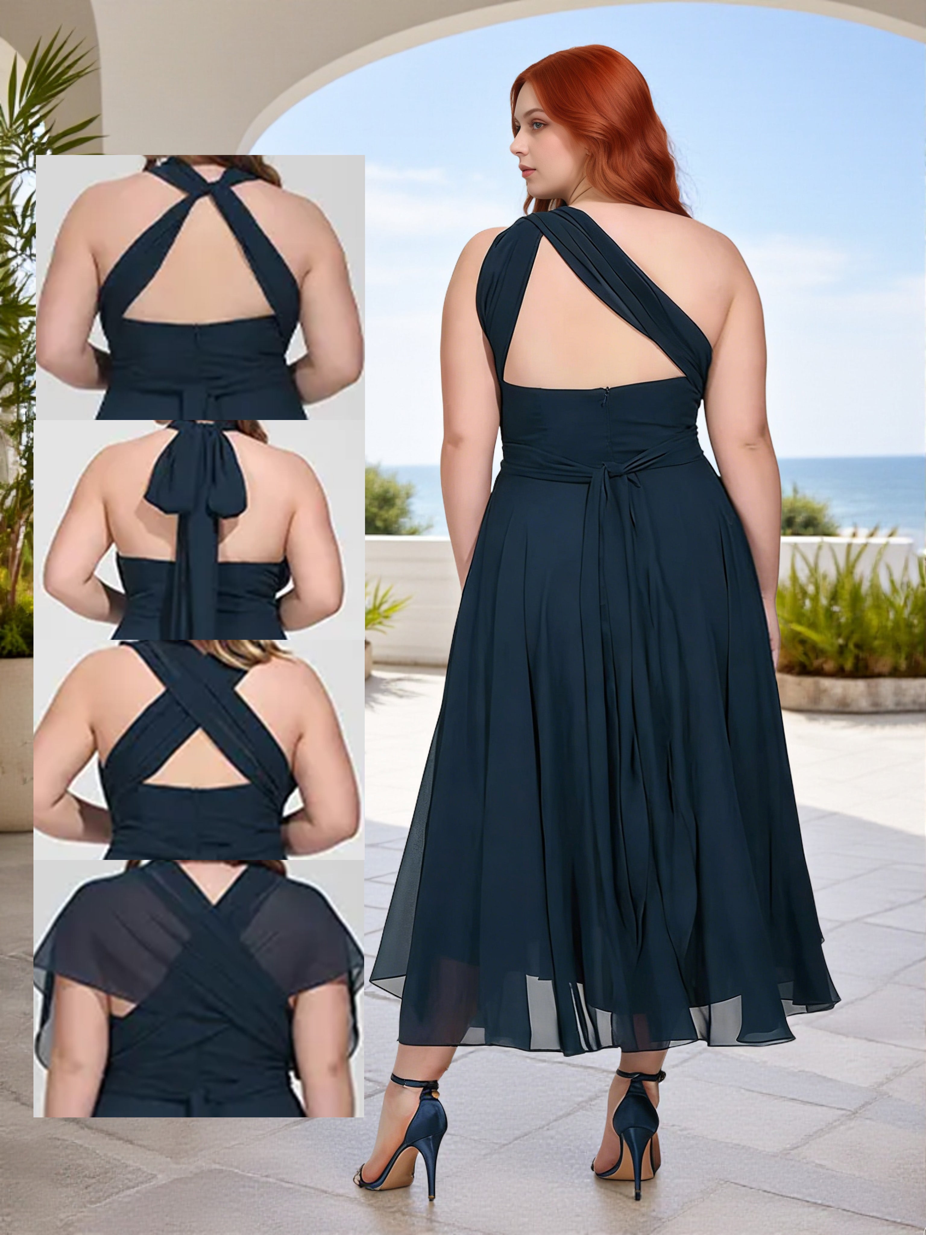 Cicinia Robe Demoiselle d’Honneur Bleu Marine Foncé Midi en Mousseline Une Épaule Encolure Transformable Grande Taille