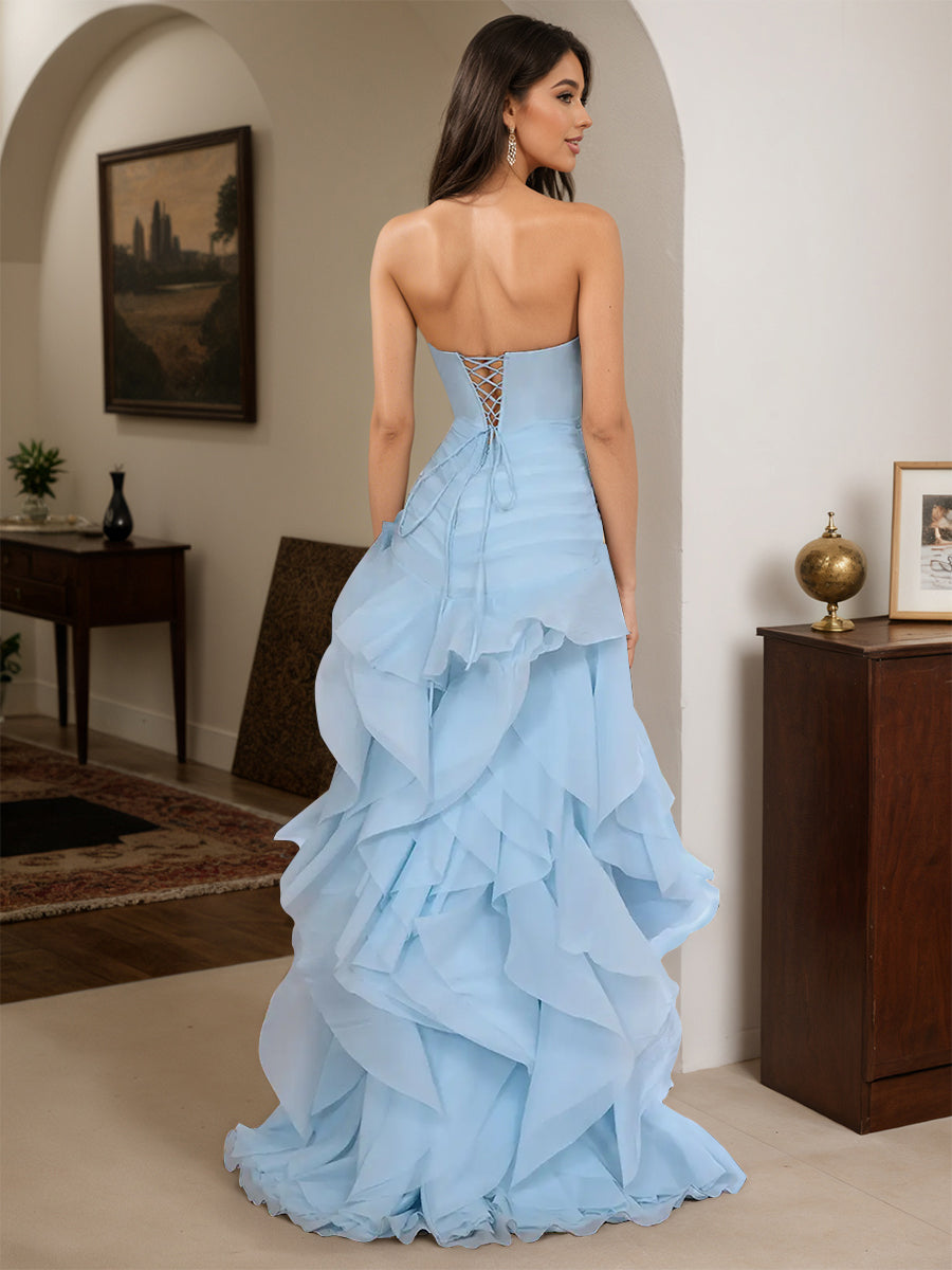 Cicinia Robe de Soirée Bleu Longue Fourreau en Tulle à Volants sans Bretelles avec Fleurs 3D