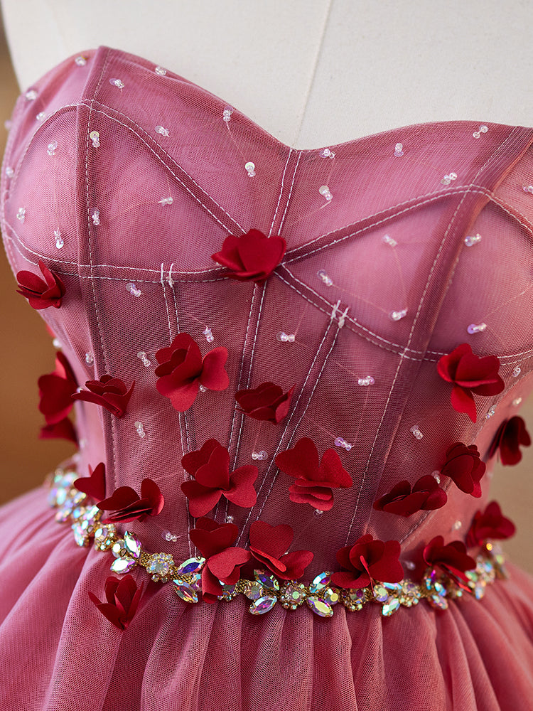 Robe de bal en Rouge Cache Cœur sans Manches avec Fleurs