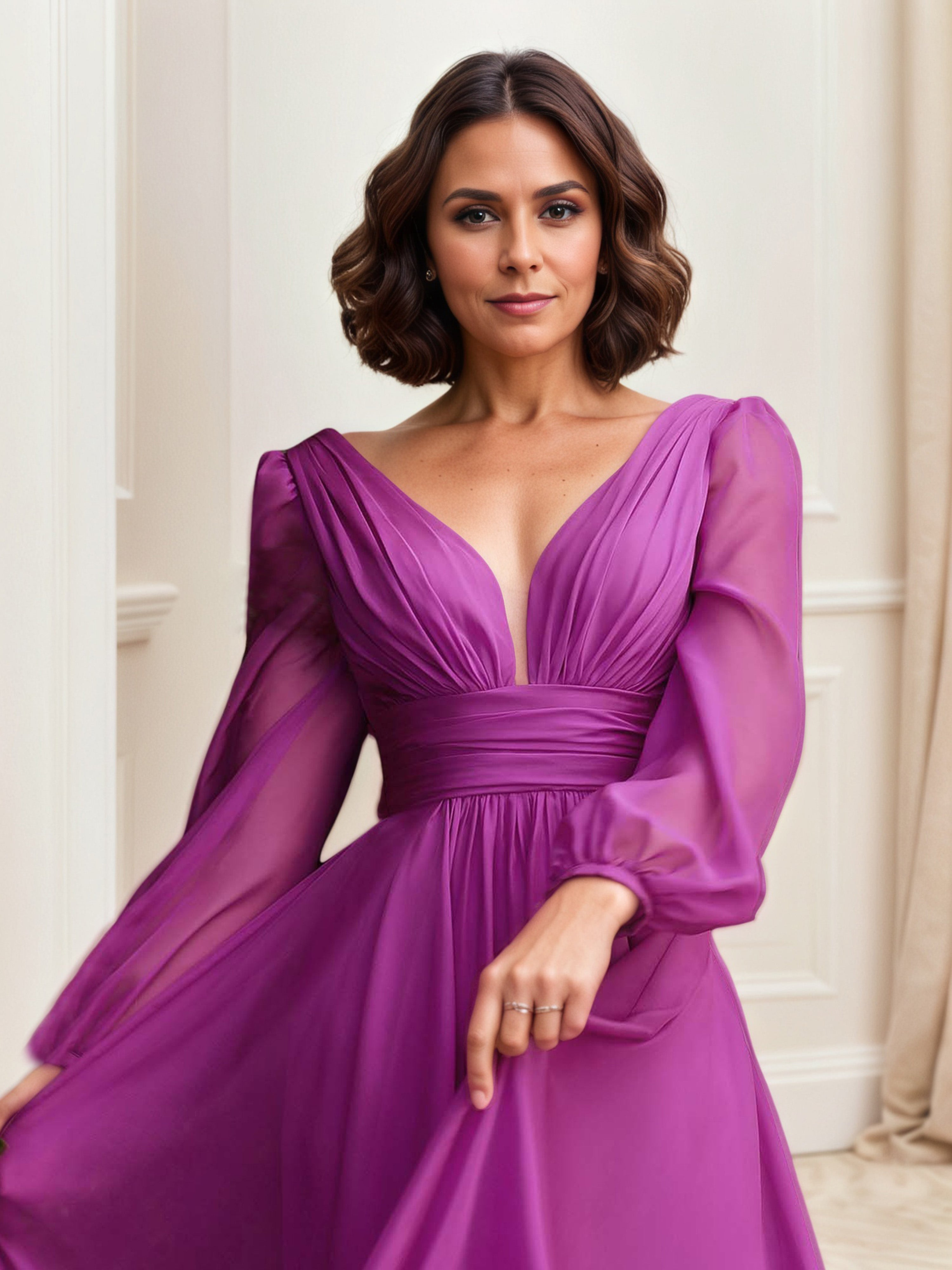 Robe de Soirée RAISIN Col V Robe Mousseline Trapèze Manches Longue Robe Plissée