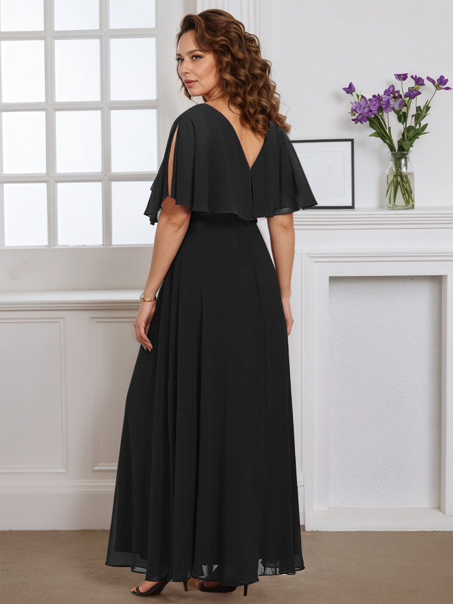 Cicinia Robe pour Mère de la Mariée Noir Grande Taille Longue A-Line en Mousseline Décolleté en V Manches Papillons