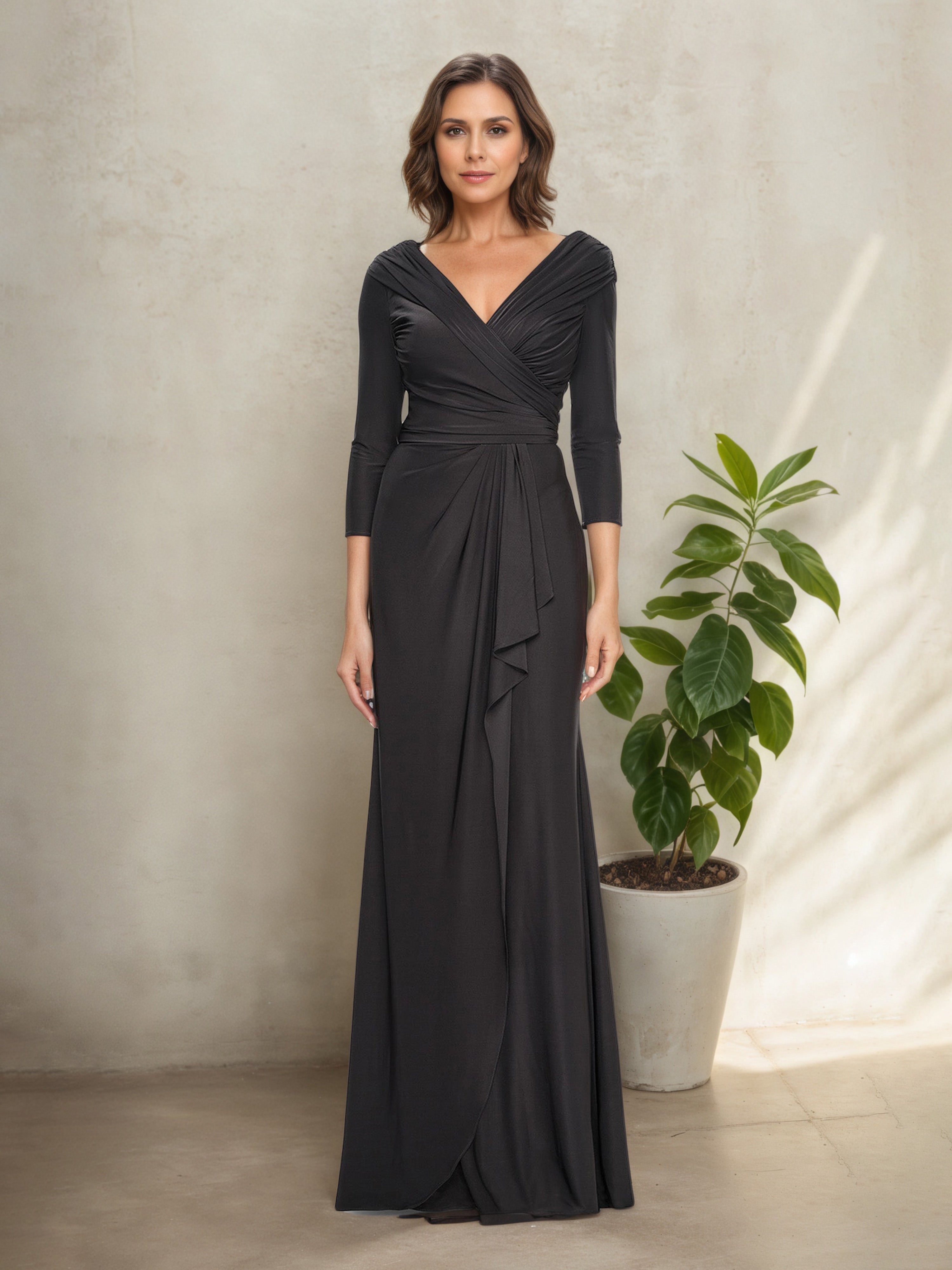 Robe Mère de la Mariée Gunmetal à Plissés Manches 3/4 à Décolleté en V avec Volant Latéral