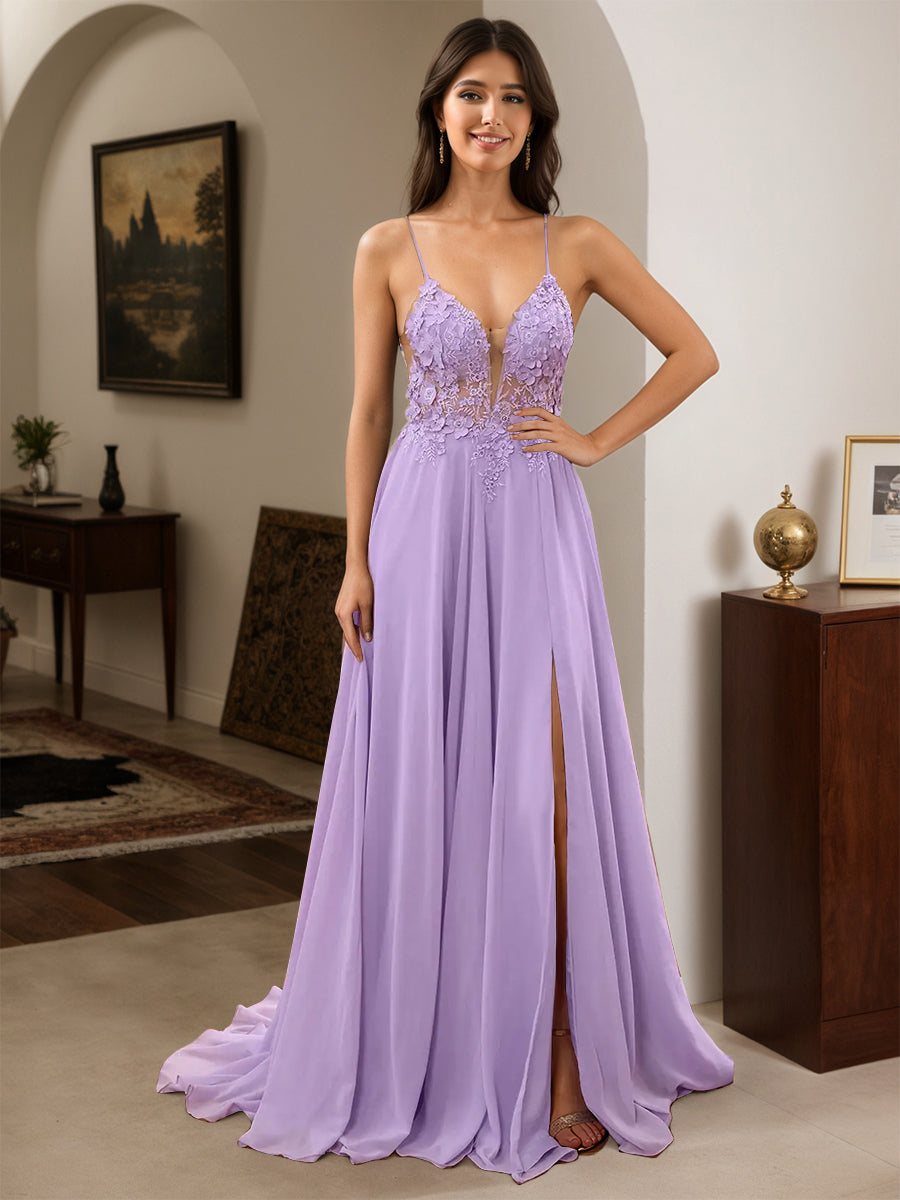Cicinia Robe de Soirée Lilas Longue A-Line en Mousseline à Bretelles Spaghetti Dos Nud