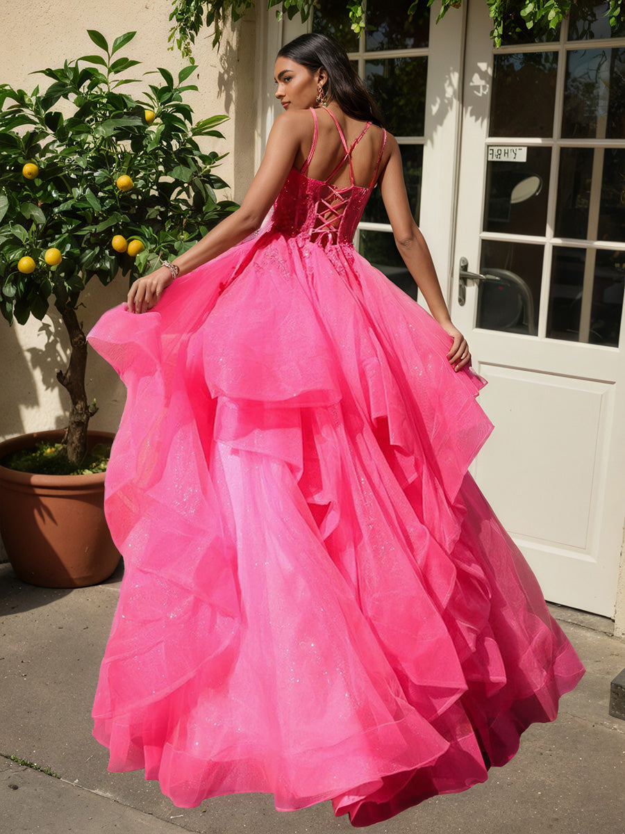 Cicinia Azalée Robe de Soirée Princesse Longue à Bretelles Spaghetti à Volants Unique