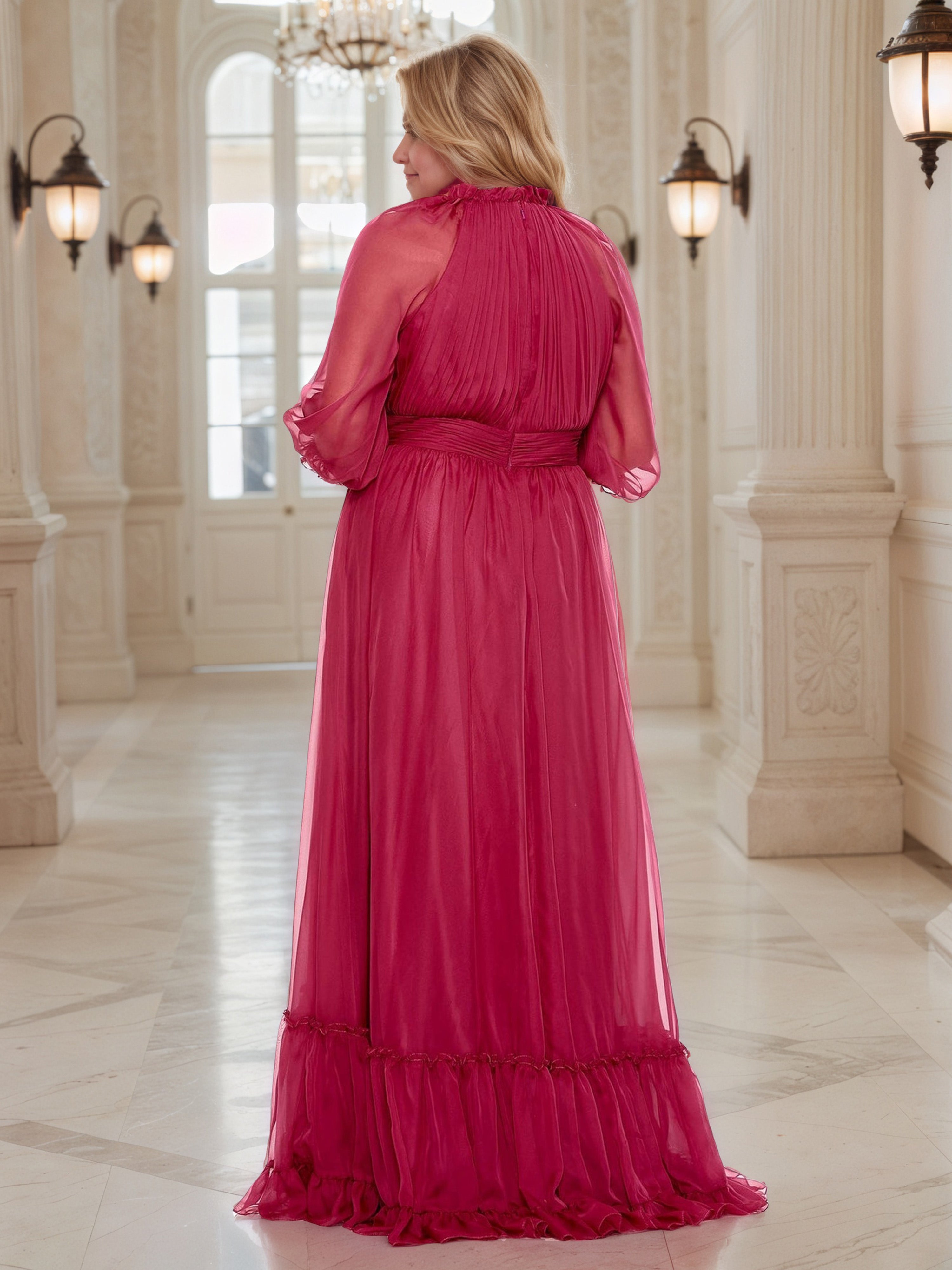 Robe de Bal Fuchsia à Encolure Col Claudine et Manches Illusion Grande Taille Coupe A-Line avec Volants et Plissés