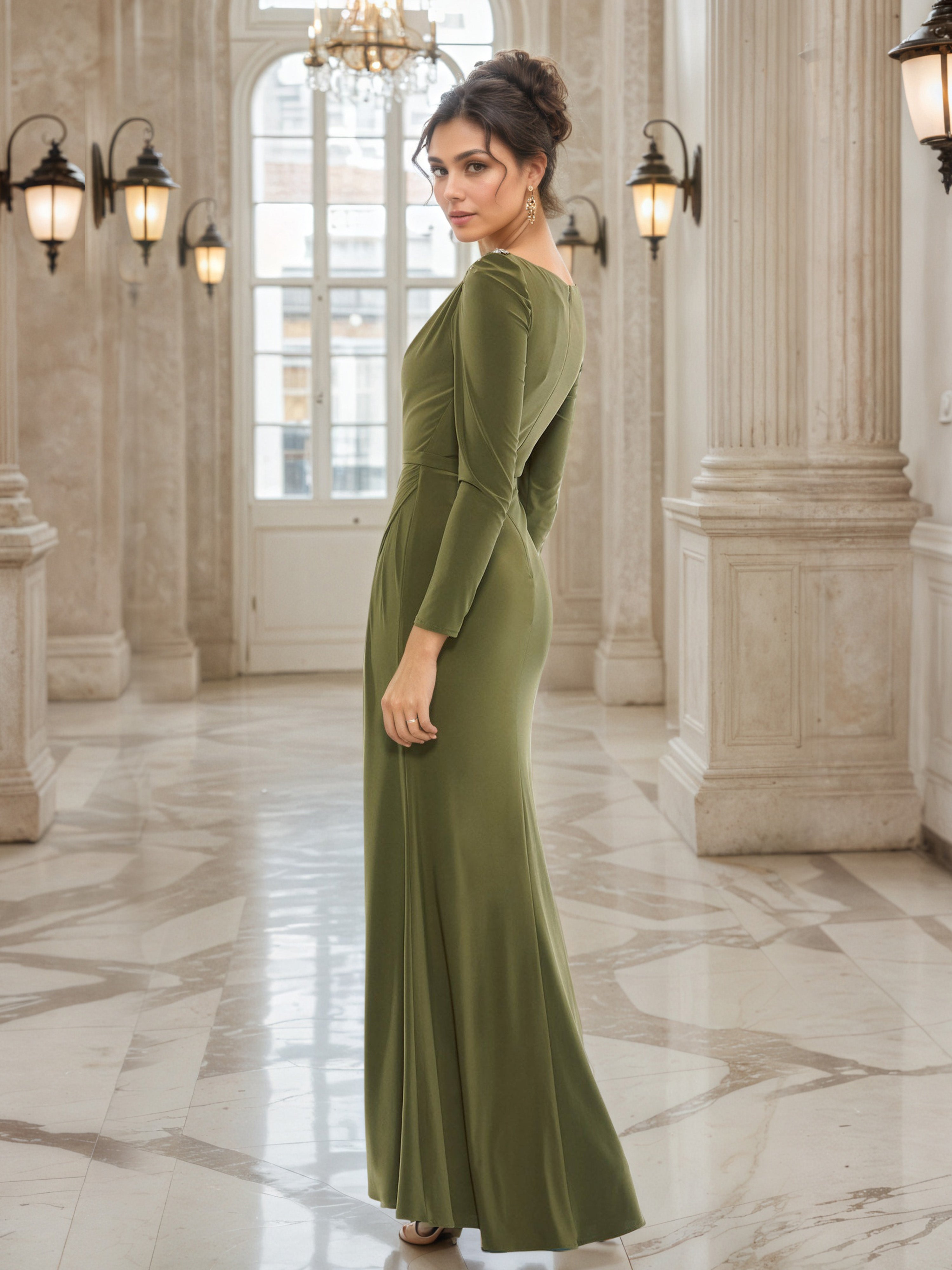 Robe de Soirée VERT_OLIVE Col ras du cou Fourreau/Colonne à Manches Longues