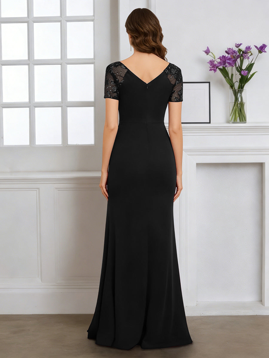 Cicinia Robe pour Mère de la Mariée Noir Longue en Tissu Extensible Fourreau Décolleté en V Fente