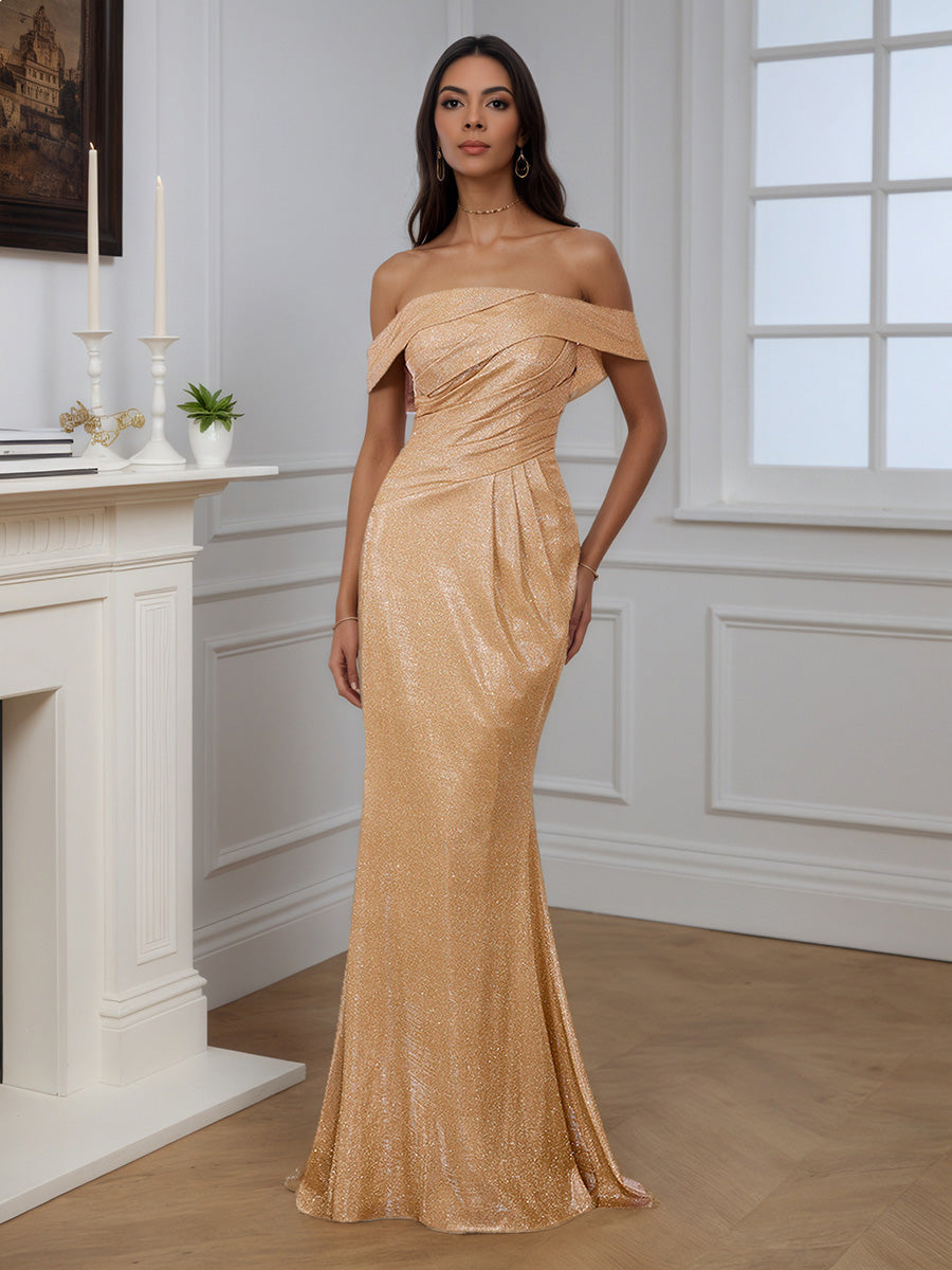 Cicinia Robe de Soirée Champagne Longue Épaules Dénudées Sirène Ravissante Traîne Balayée