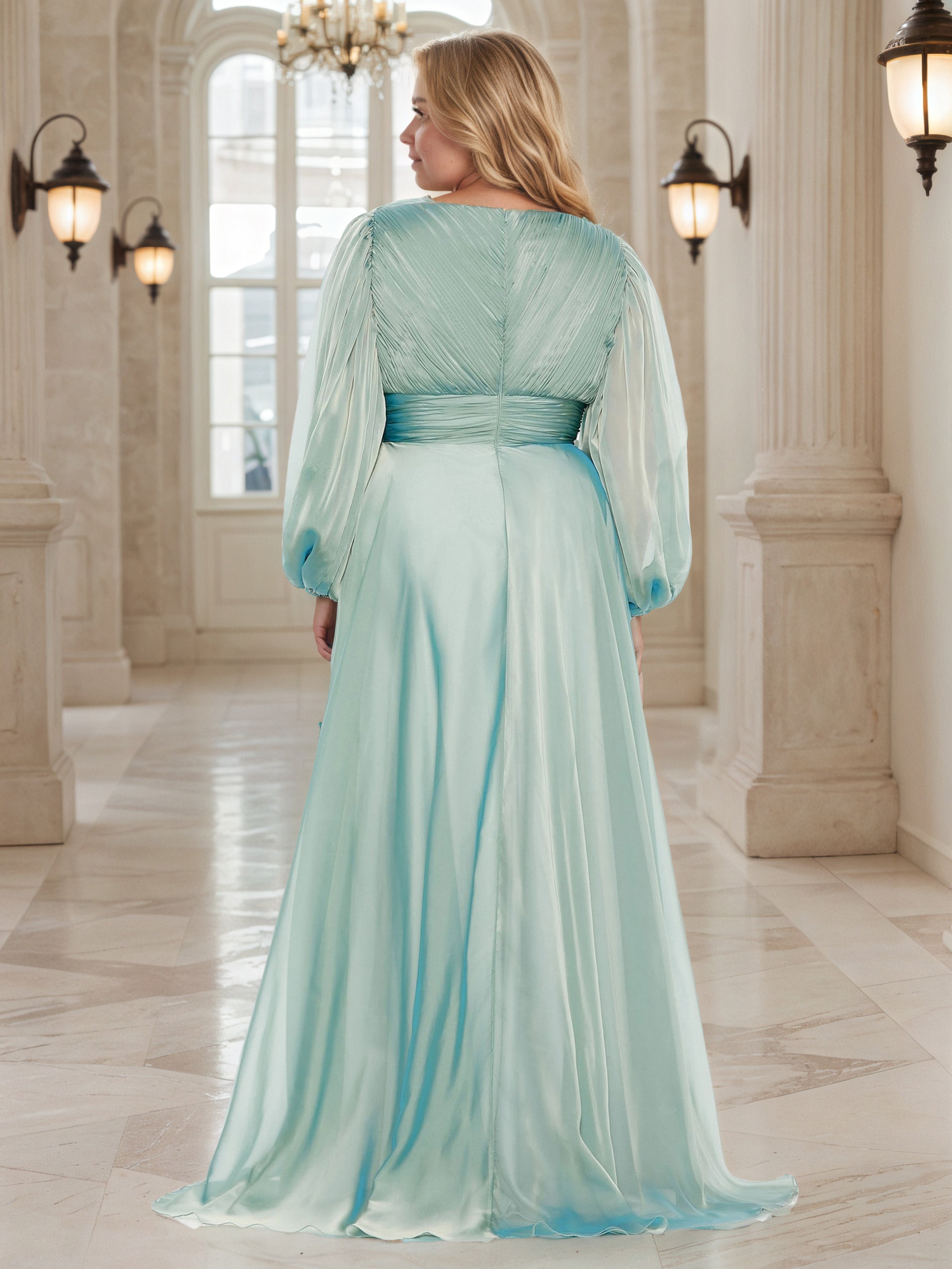 Robe de Bal Vert Menthe à Encolure V et Manches Illusion Grande Taille Coupe A-Line Longueur Sol avec Fente