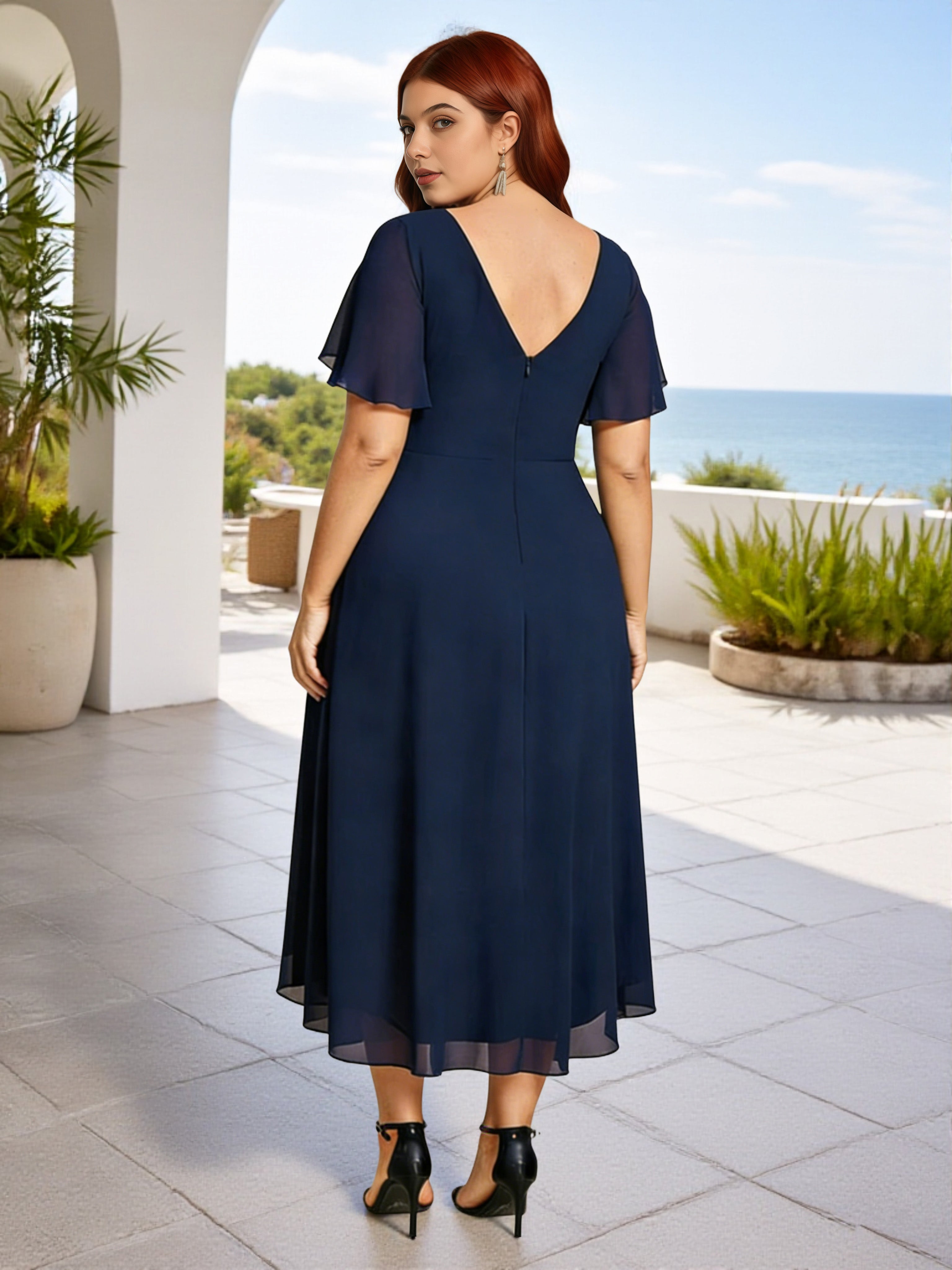 Cicinia Robe Demoiselle d’Honneur Bleu Marine Décolleté en V Ourlet Asymétrique Chic Grande Taille