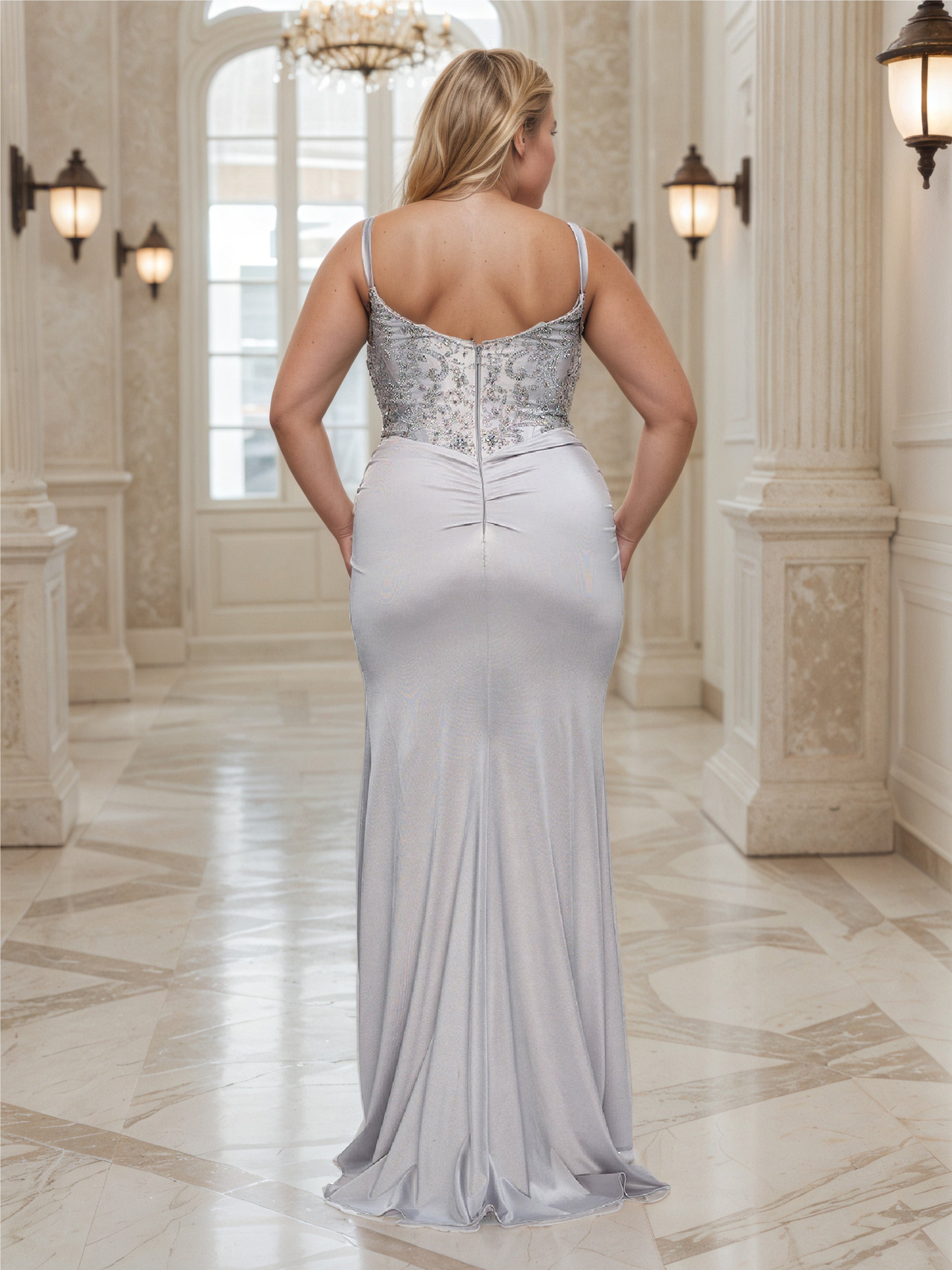 Robe de Bal Argent à Encolure V Grande Taille avec Bustier Illusion Pailleté Bretelles Spaghetti et Fente