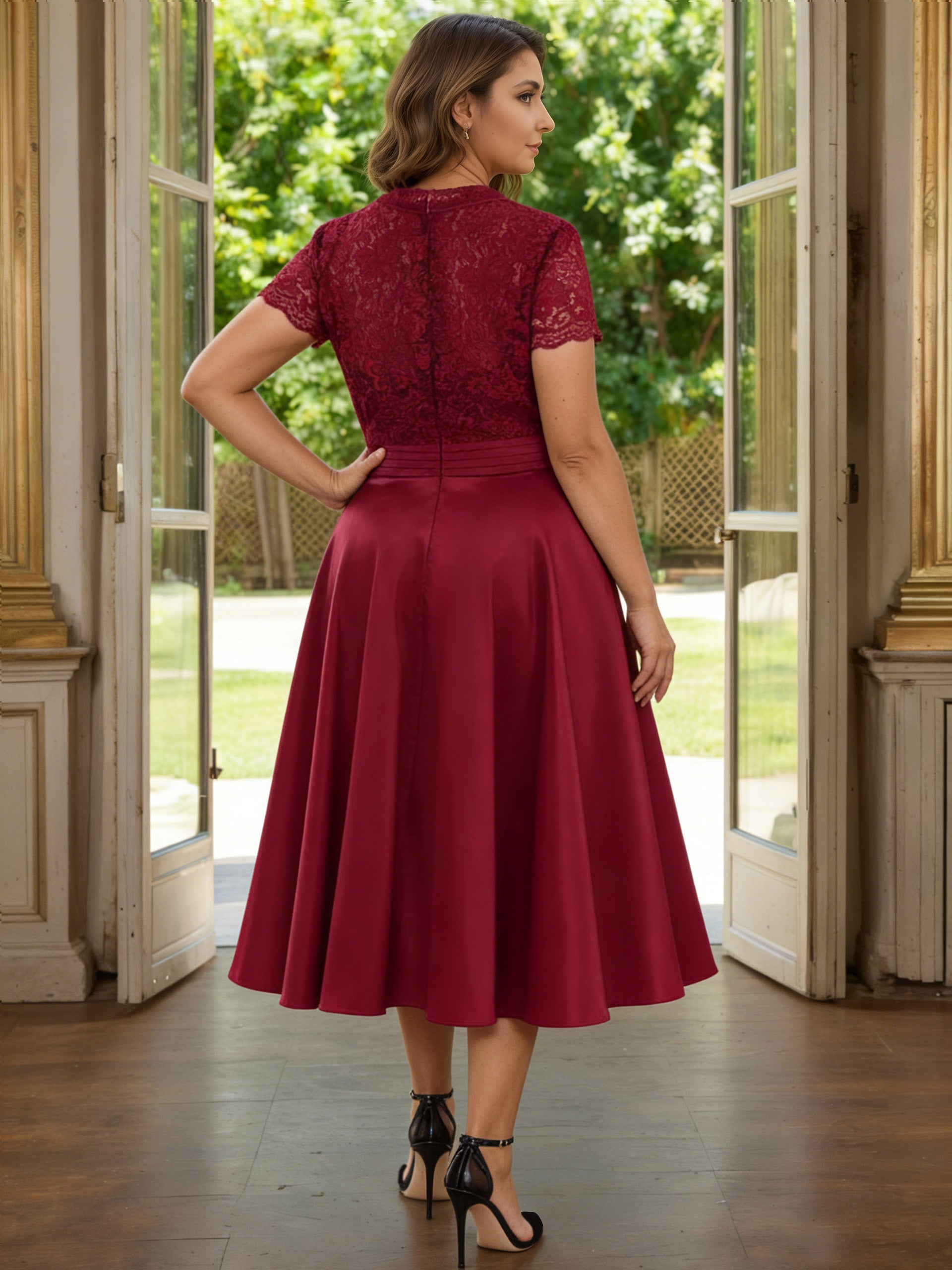 Cicinia BORDEAUX Robe Grande Taille pour Mère de la Mariée Longue A-Line en Satin Dentelle Longueur Midi