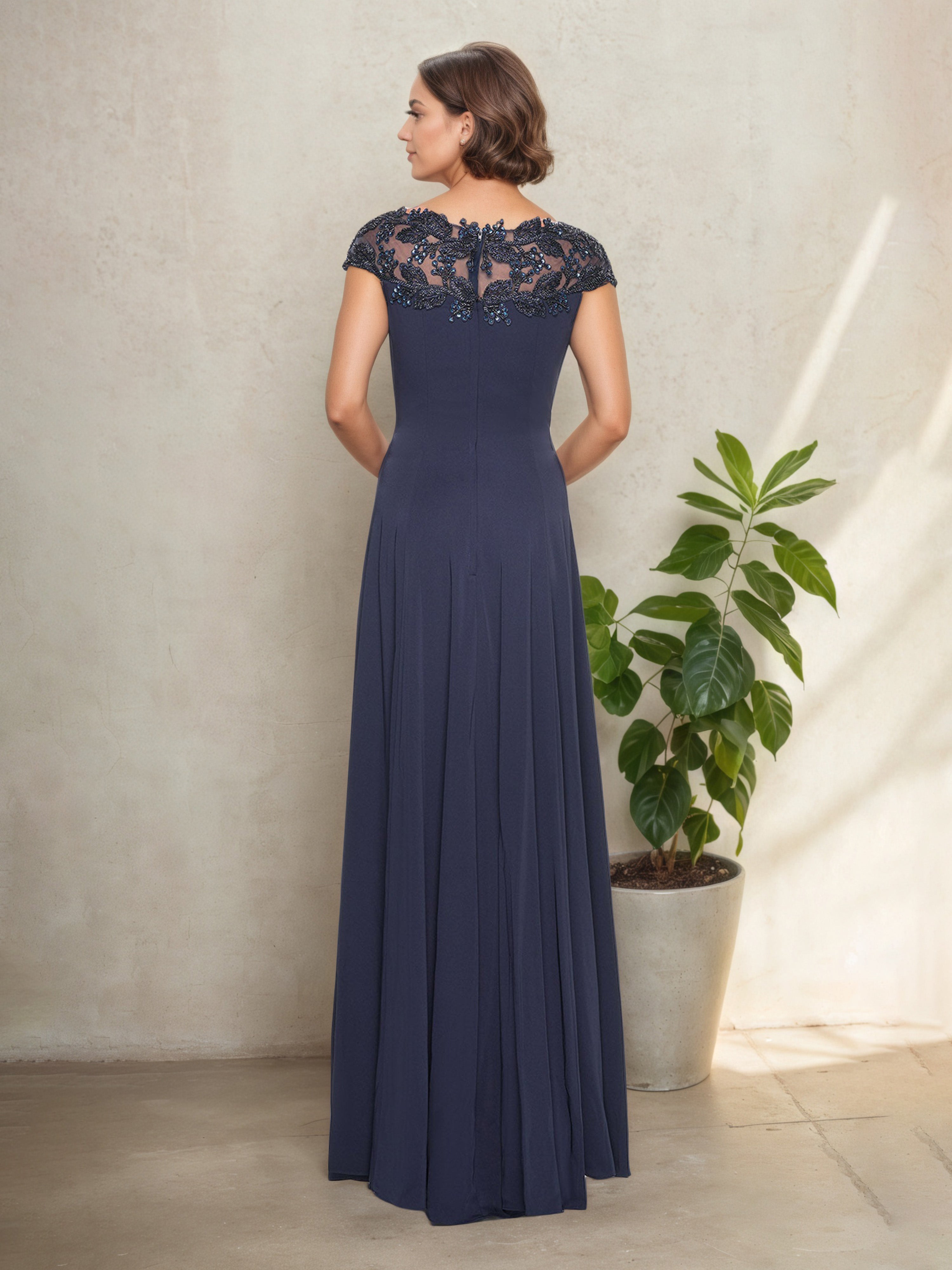 Robe Mère de la Mariée Bleu Marine Trapèze Encolure Ronde à Manches Ballon