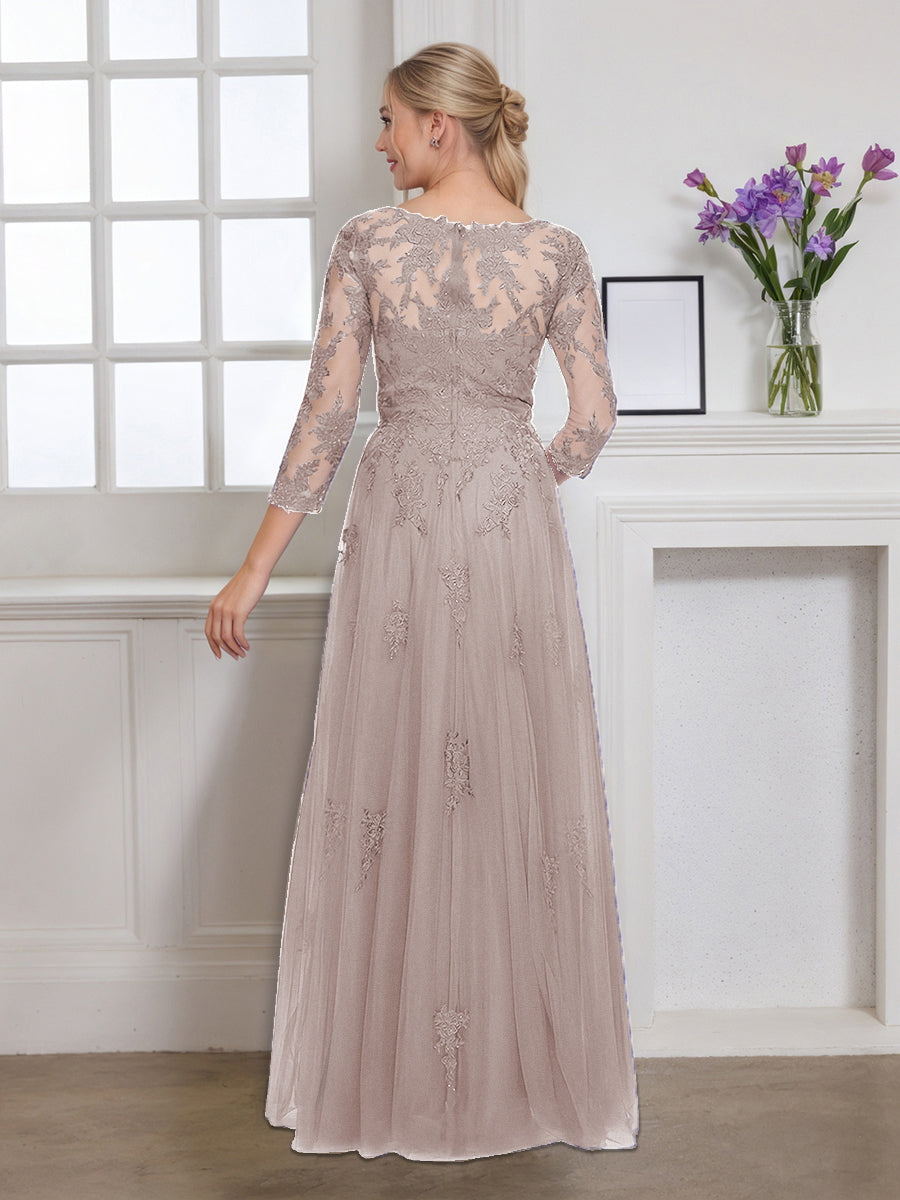 Cicinia Robe pour Mère de la Mariée Taupe Longue en Tulle Appliqués Dentelle Décolleté en V Manches Trois-Quarts