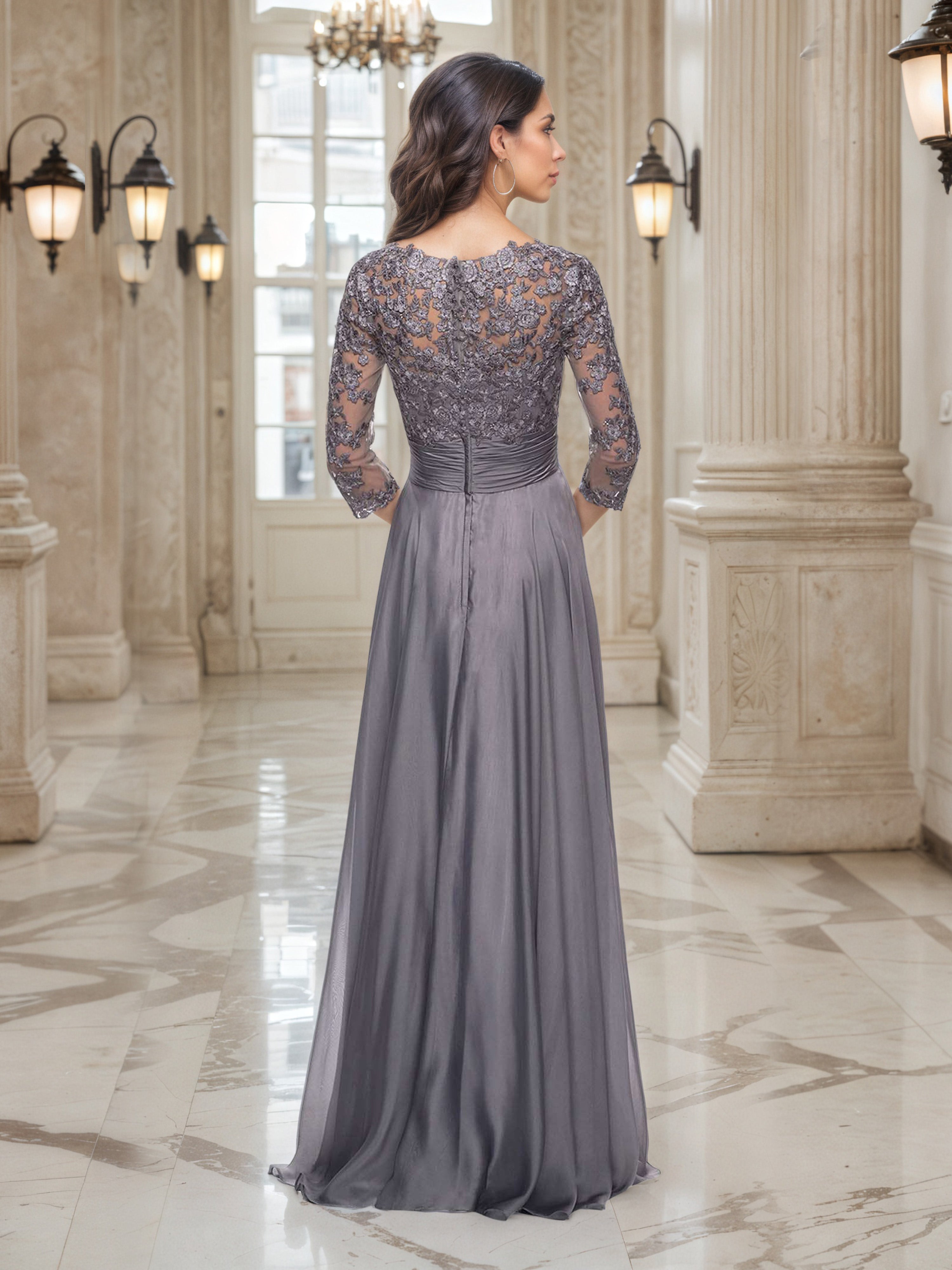 Elégante Robe de Soirée GRIS_ACIER Col V Trapèze à Manches 3/4