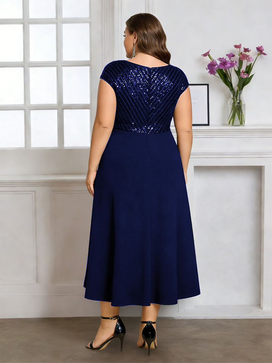 Cicinia Robe pour Mère de la Mariée BLEU MARINE Longue A-Line en Mousseline à Paillettes Décolleté en V Longueur Midi Grande Taille