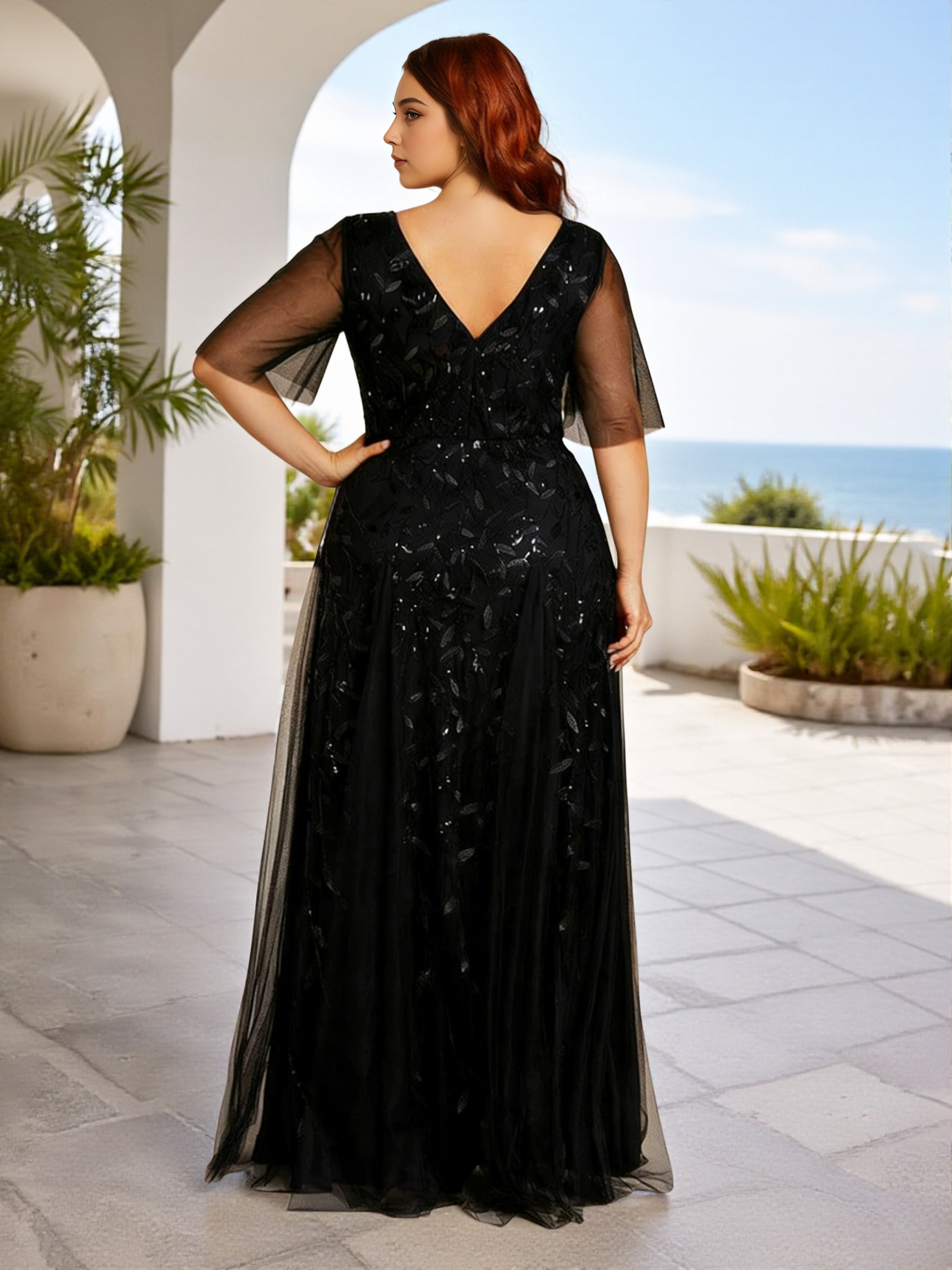 Cicinia Robe Demoiselle d’Honneur Bleu Marine Décolleté en V Manches à Volants Scintillante Romantique Grande Taille