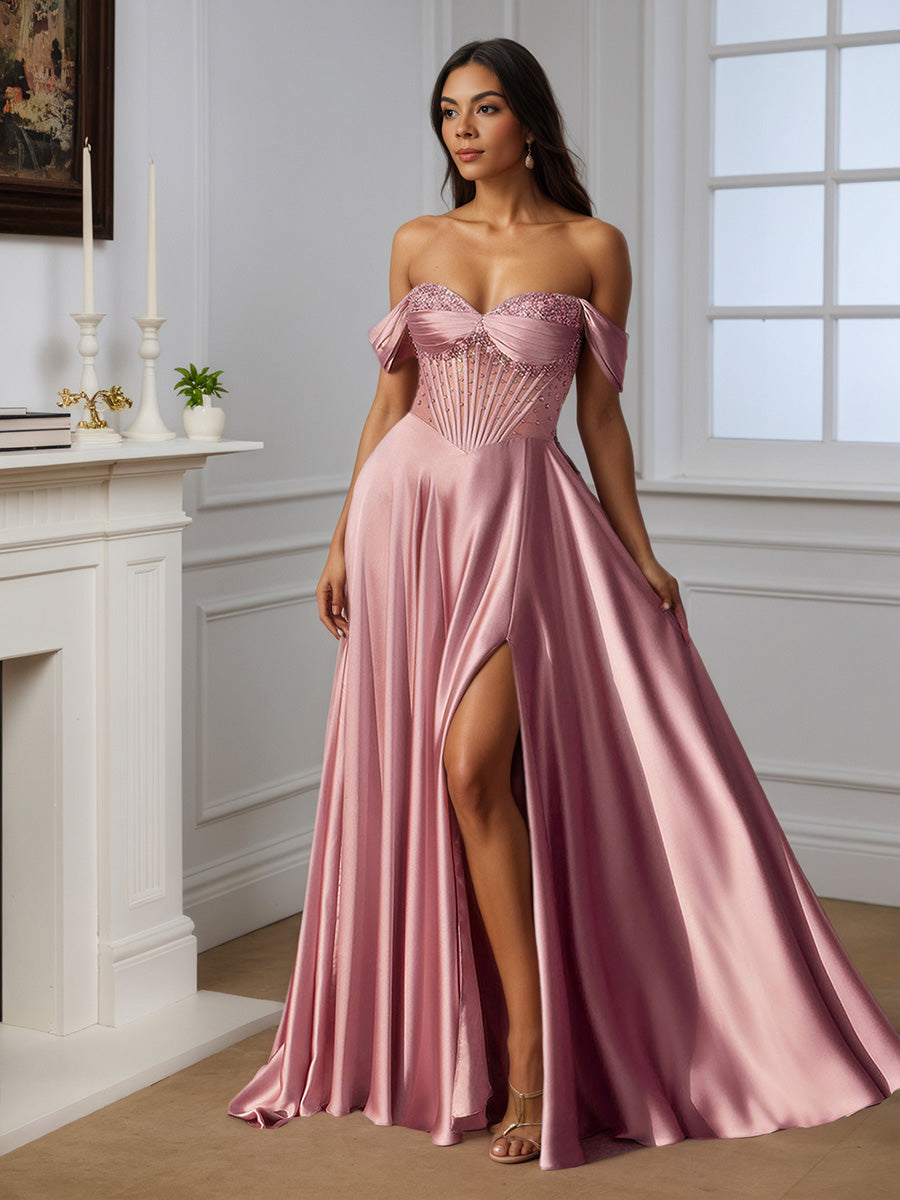 Cicinia Robe de Soirée ROSE Longue A-Line Perlé Épaules Dénudées Traîne Balayée Ravissante