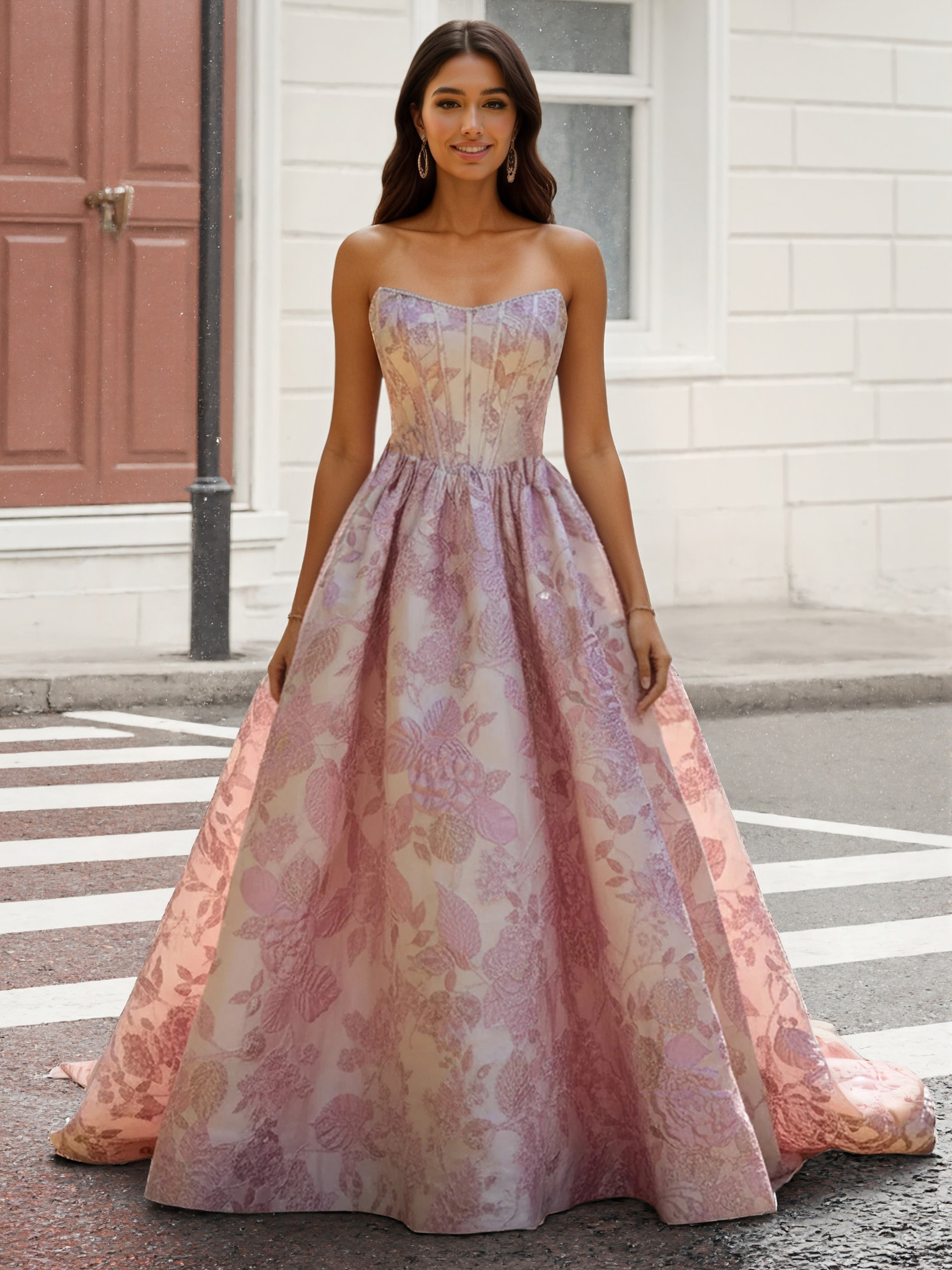 Cicinia Rose Robe de Soirée Longue A-Line en Jacquard Gaufré sans Bretelles Magnifique