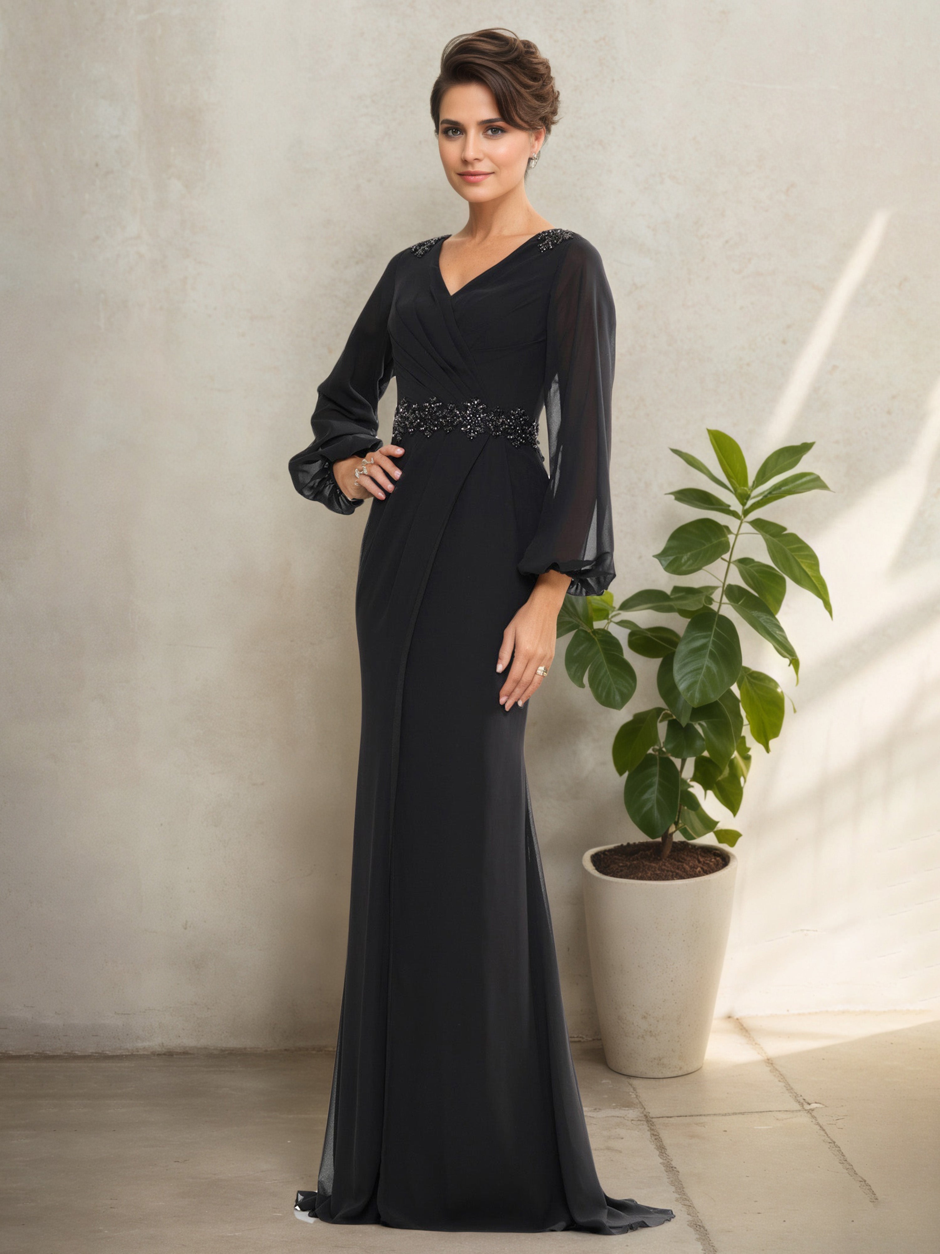 Robe Mère de la Mariée Noire à Décolleté en V Manches Lantern avec Plissés et Broderies de Perles