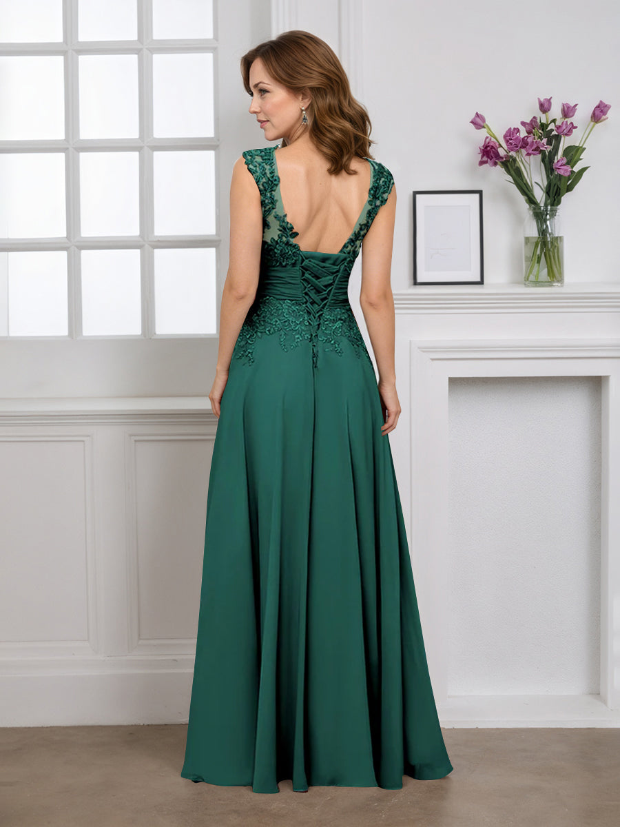 Cicinia Robe pour Mère de la Mariée VERT FONCE Longue A-Line en Mousseline Appliqués Dentelle Décolleté en V Longueur Sol