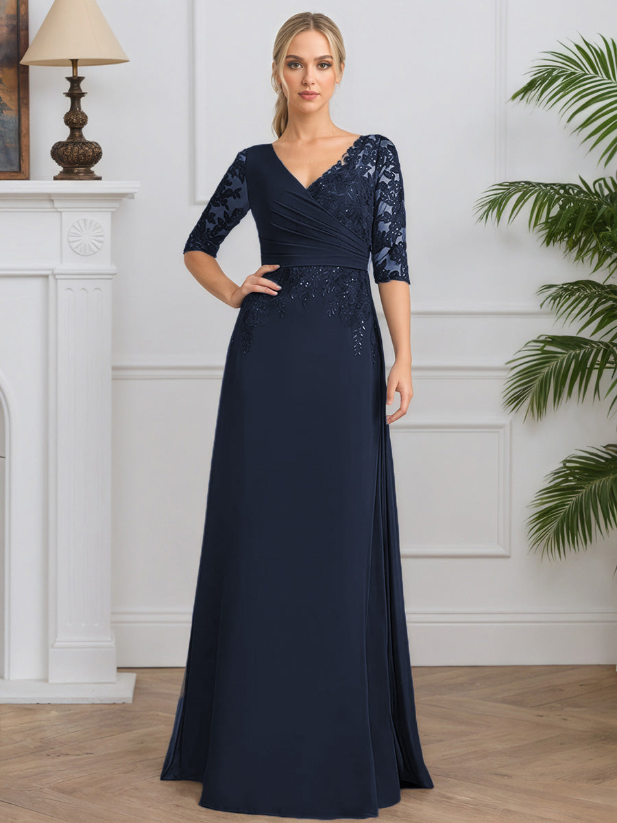 Cicinia Bleu Marine Robe pour Mère de la Mariée Longue en Mousseline et Dentelle A-Line Décolleté en V Manches Demi-longues