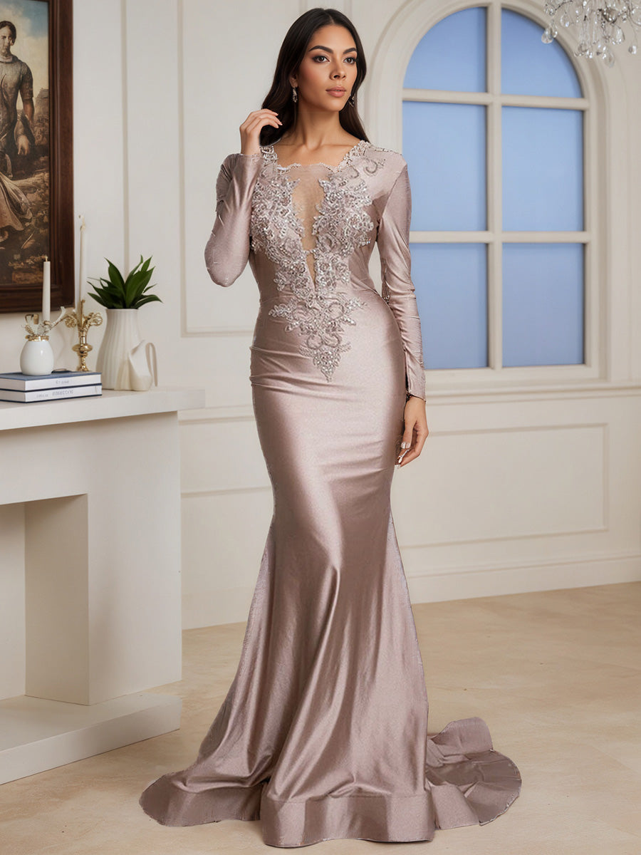 Cicinia Robe de Soirée Taupe Sirène Décolleté en V Plongeant Manches Longues Traîne Balayée