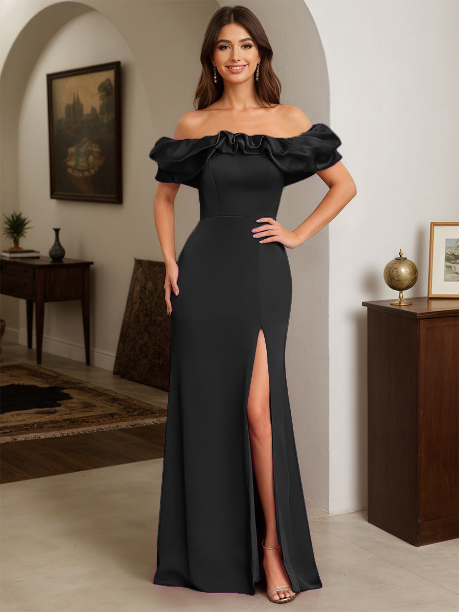 Cicinia Noir Robe de Soirée Longue en Satin Extensible Fourreau Épaules Dénudées Longueur Sol