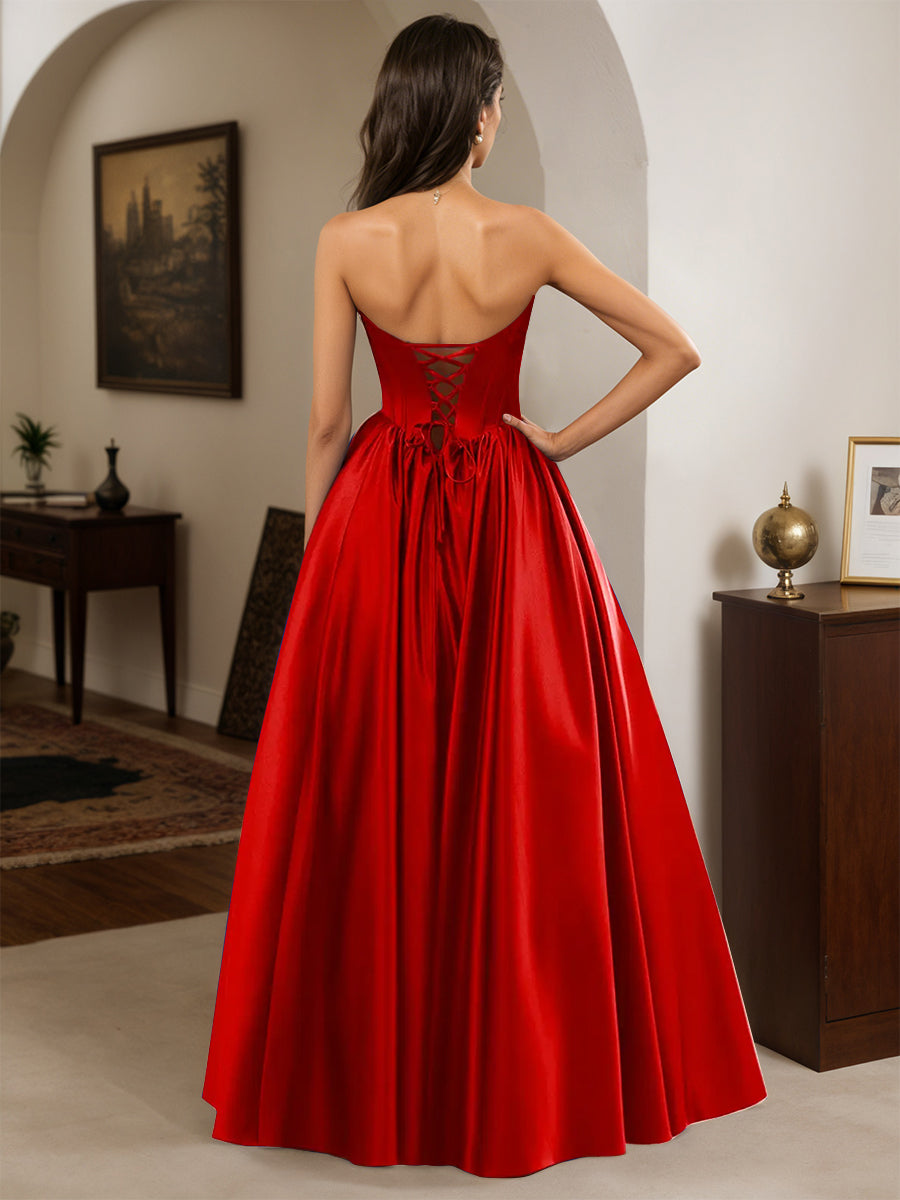 Cicinia Rouge Robe de Soirée Longue A-Line en Satin sans Bretelles Longueur Sol