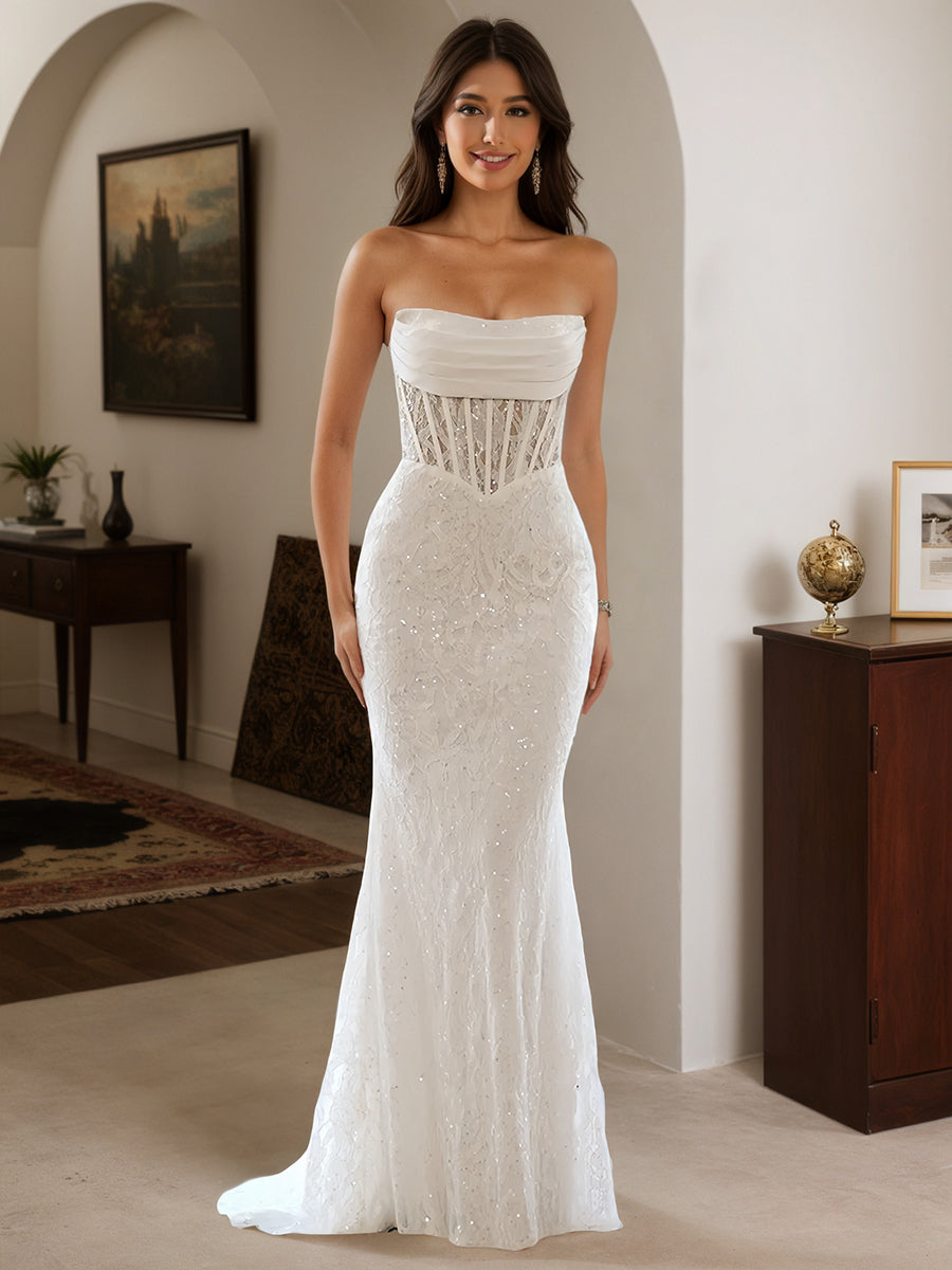 Cicinia Robe de Soirée Blanc Longue Fourreau en Dentelle sans Bretelles avec Traîne Balayée