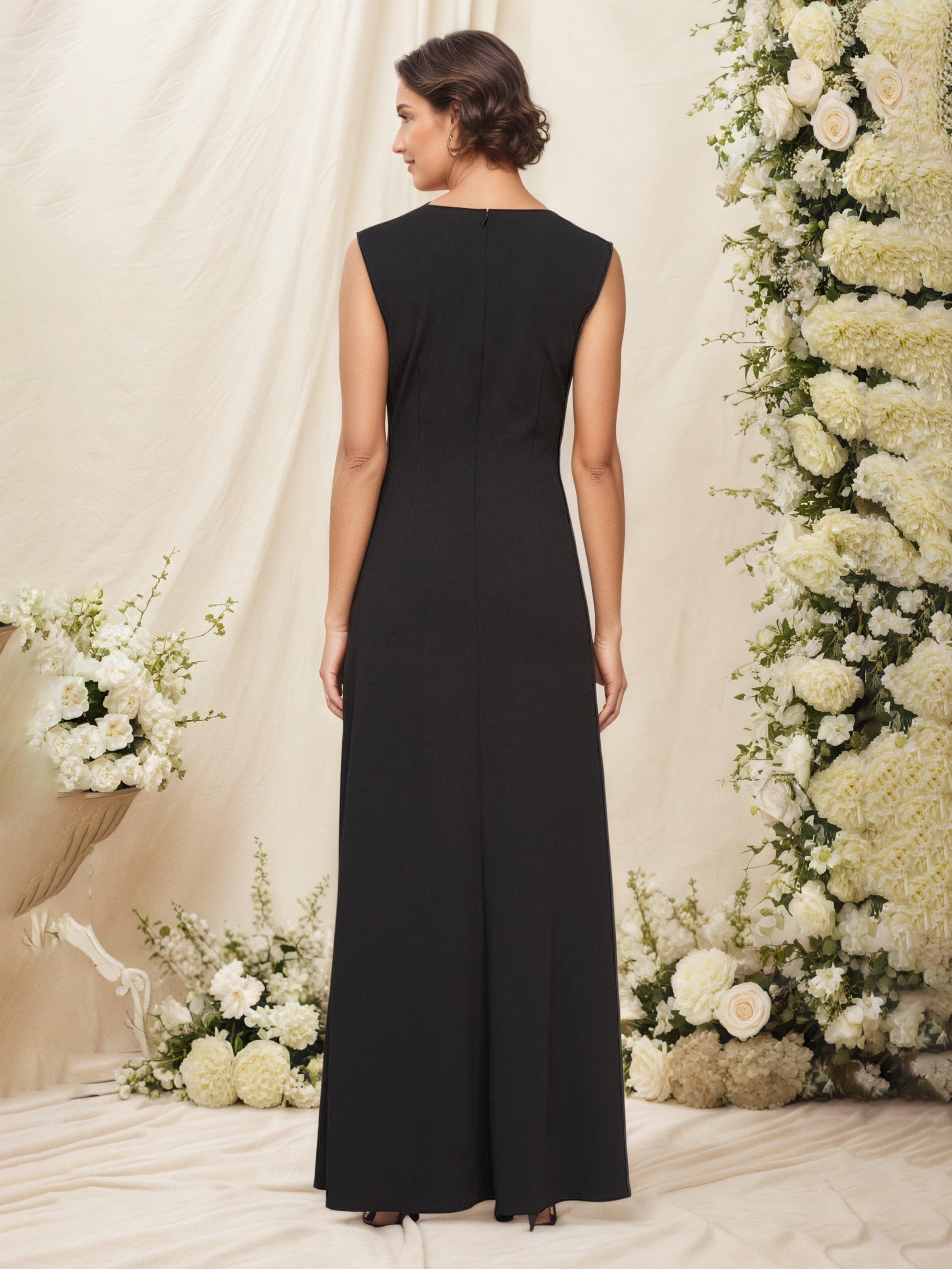 Robe Mère de la Mariée Noir Col Carré Robe Trapèze avec Volant en Cascade