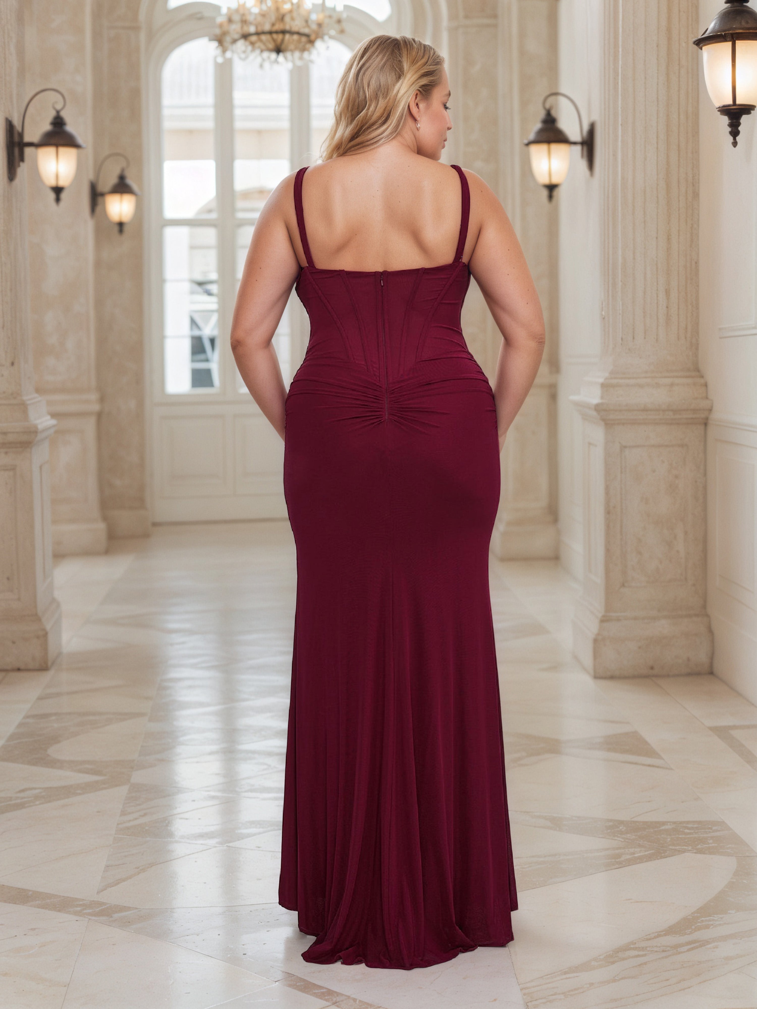 Robe de Bal Bordeaux à Bretelles Spaghetti Grande Taille Coupe Sheath avec Fente
