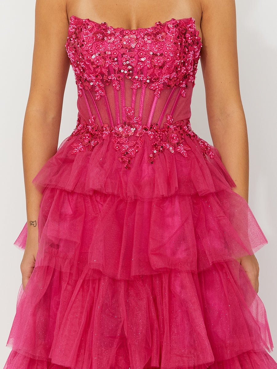 Cicinia Fuchsia Robe de Soirée Longue en Tulle A-Line sans Manches Fente à Volants