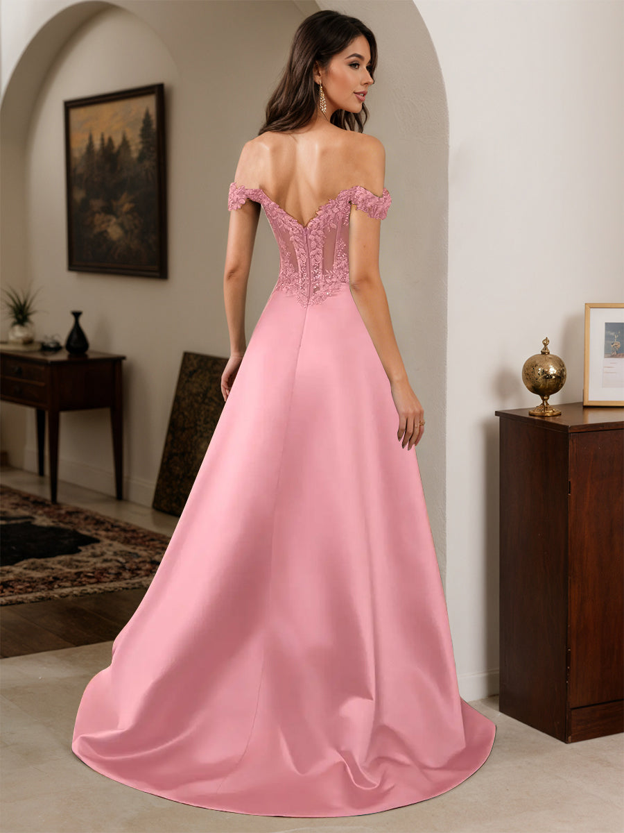 Cicinia Robe de Soirée Flamante Longue A-Line Appliqués Dentelle Épaules Dénudées