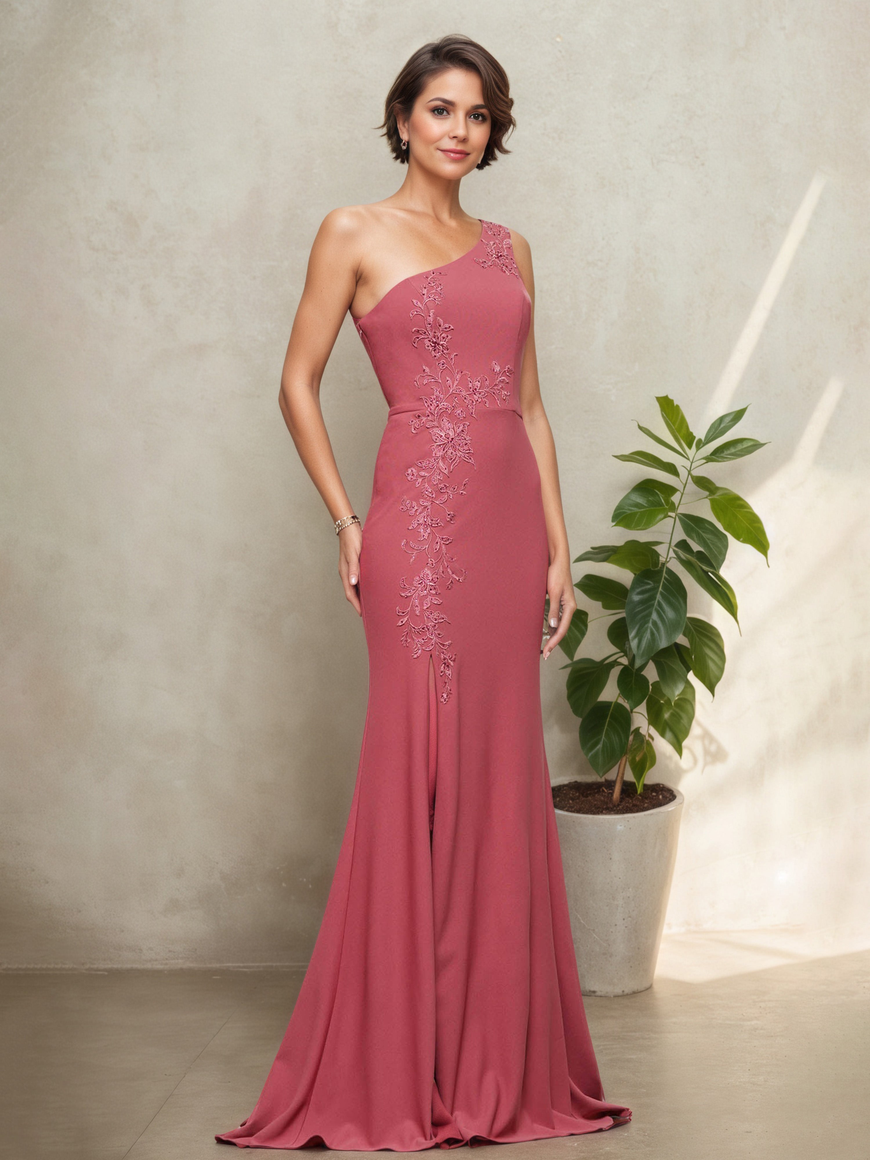 Robe Caméo_Marron Pour Mère De La Mariée En Coupe Sheath À Une Épaule Avec Fente