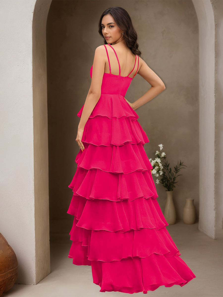 Cicinia Fuchsia Robe de Soirée Longue en Mousseline A-Line Bretelles Spaghetti Fente à Volants Longueur Sol
