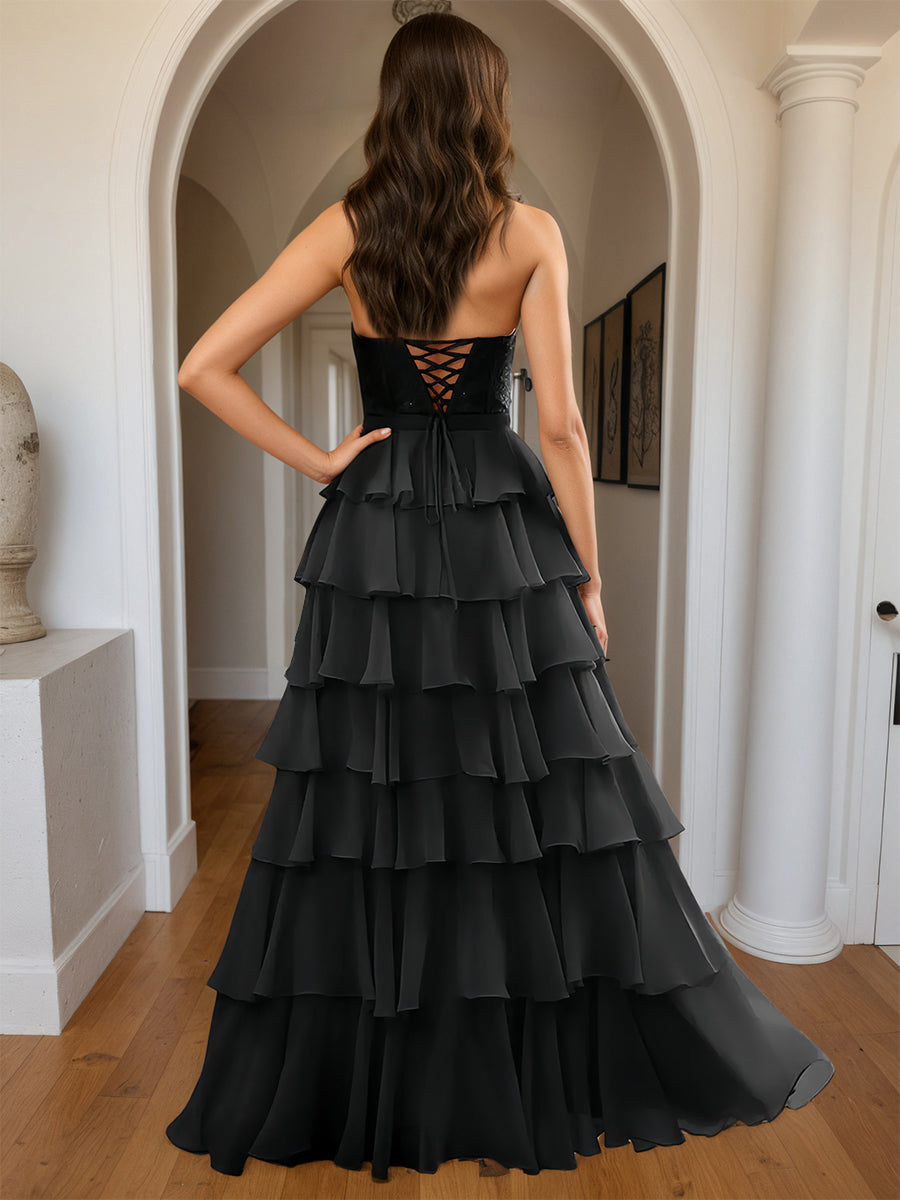 Cicinia Noir Robe de Soirée Longue A-Line en Mousseline Halter Dos Nud à Volants