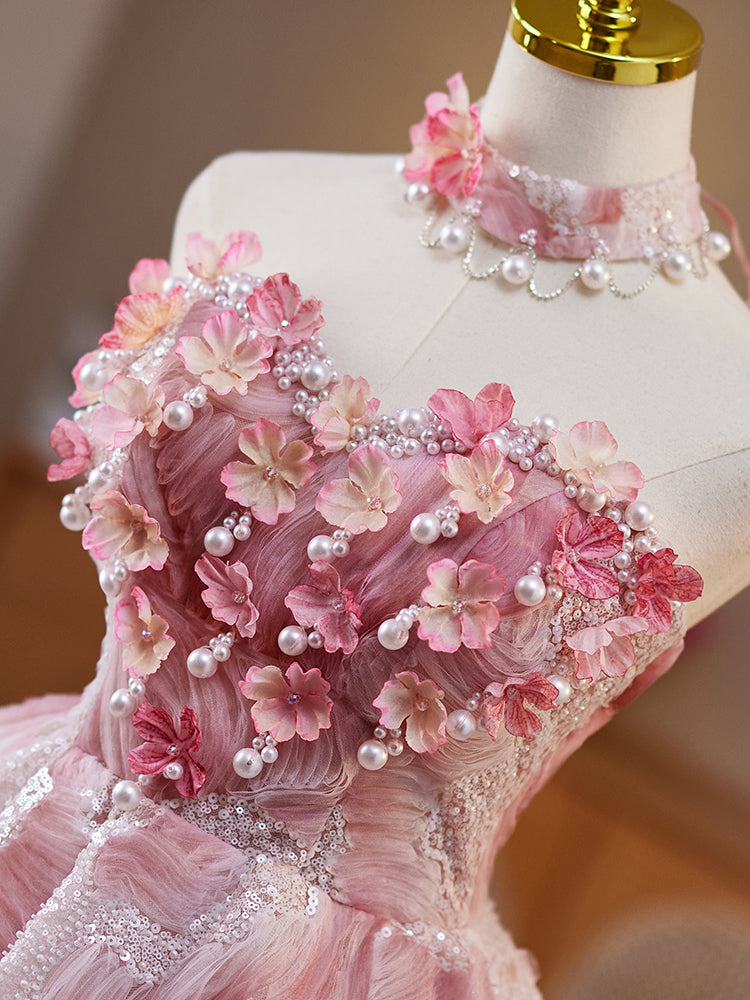Robe de bal en Rose Florale Robe Bustier sans Manches avec Fleurs et Perles