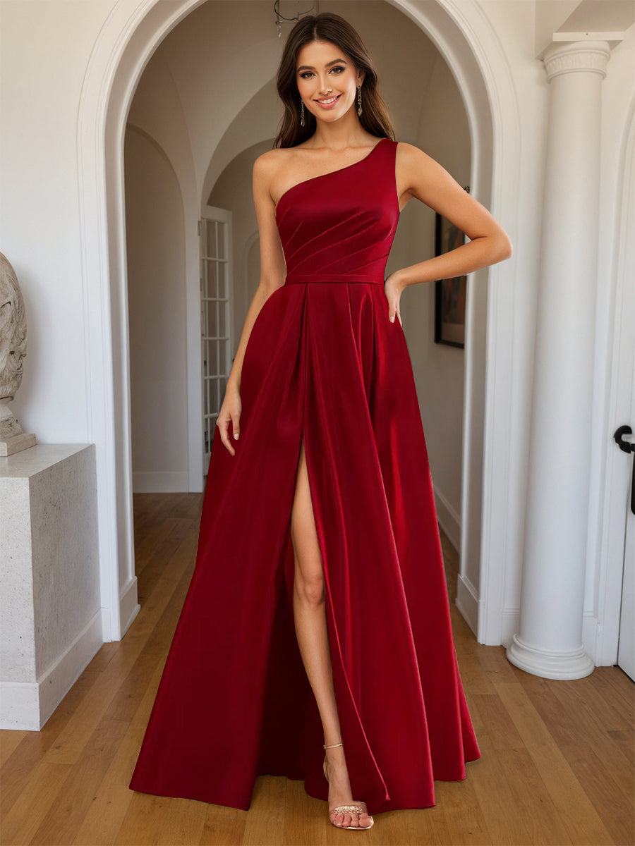 Cicinia Robe de Soirée BORDEAUX Longue A-Line en Satin Une Épaule Fente Longueur Sol