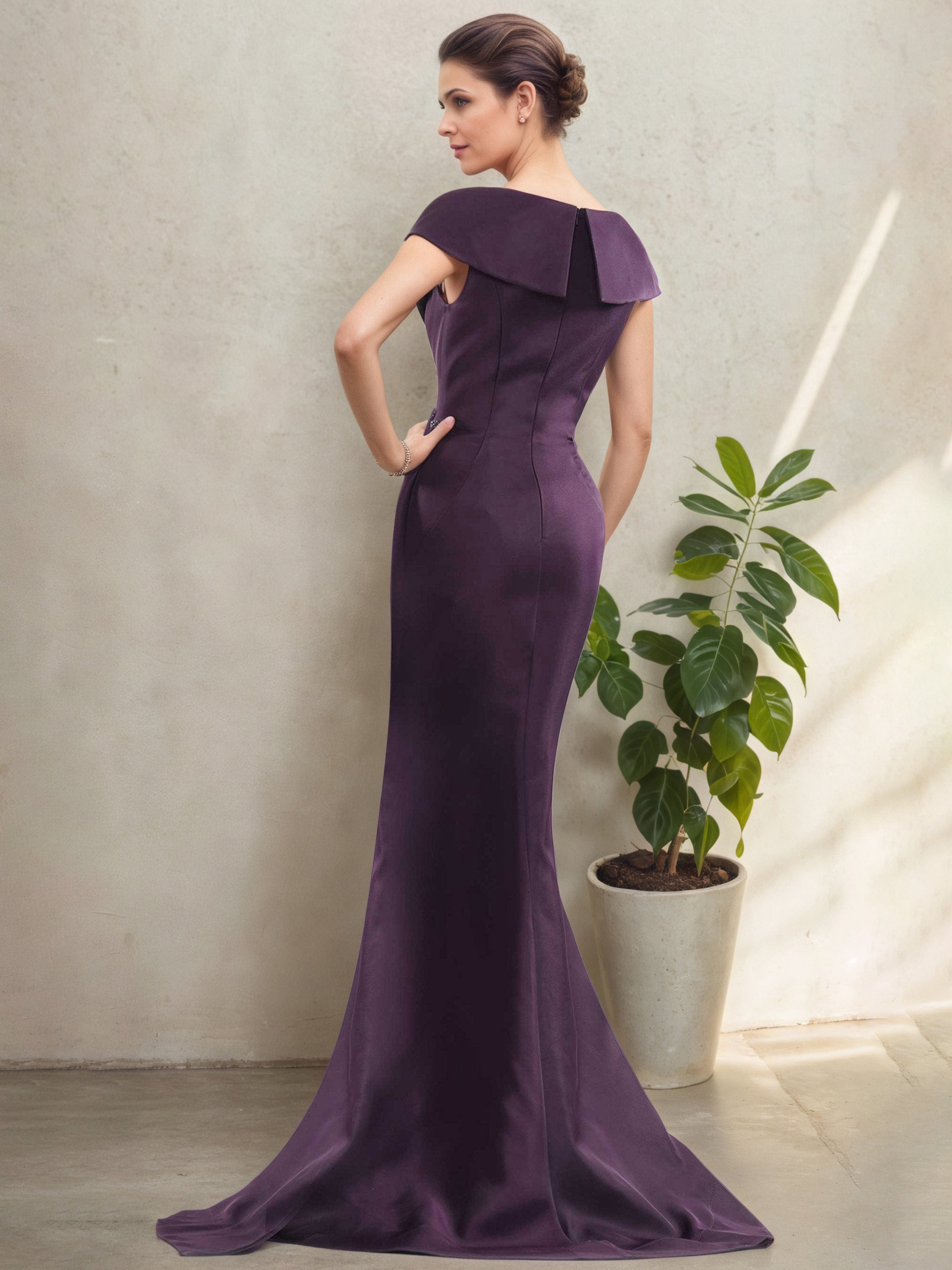Robe Mère de la Mariée Raisin à Décolleté en V Manches Ballon avec Volant Latéral
