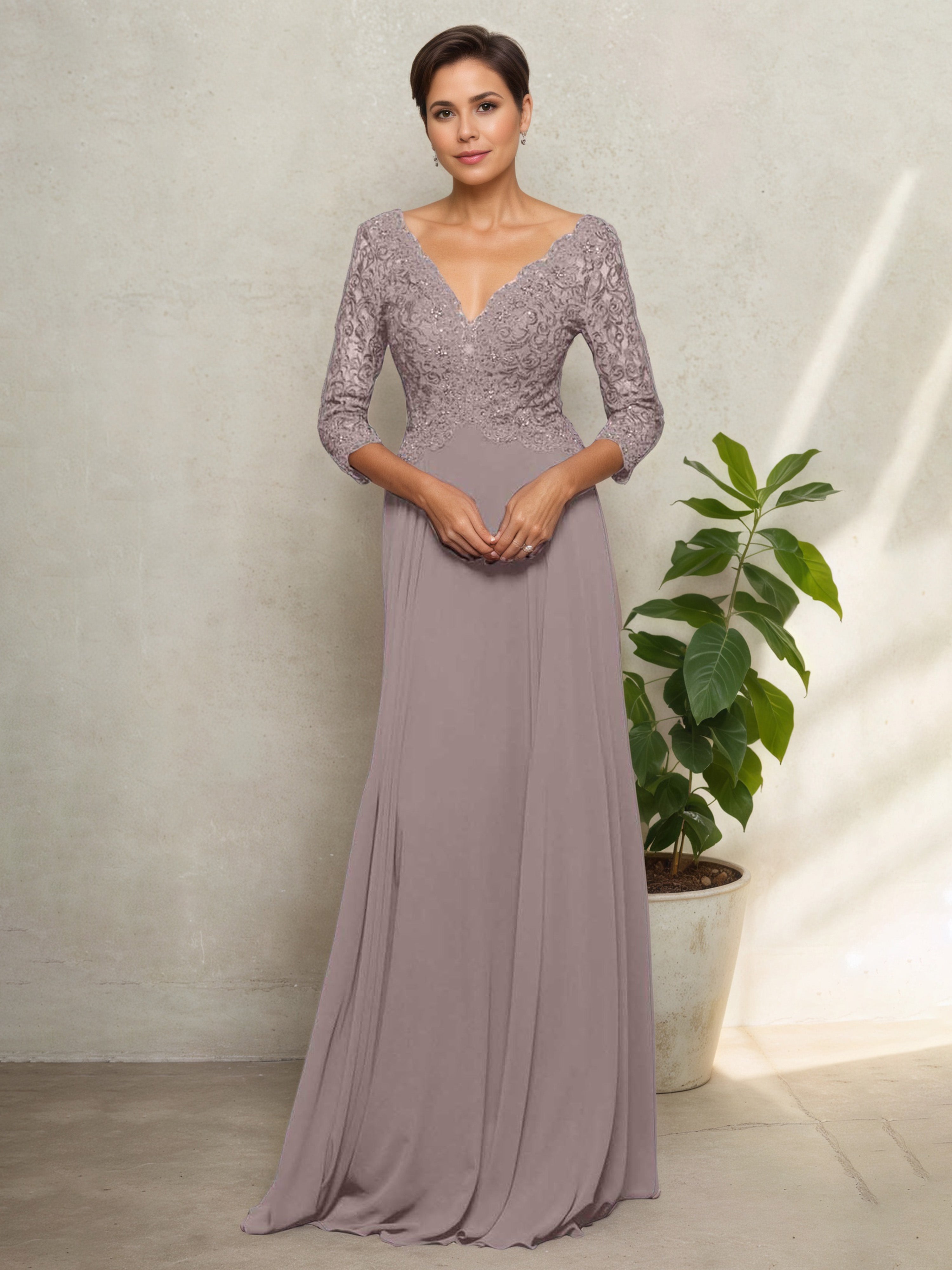 Robe Mère de la Mariée Mauve Vintage Corsage en Dentelle à Décolleté en V avec Manches 3/4 Longueur Longue